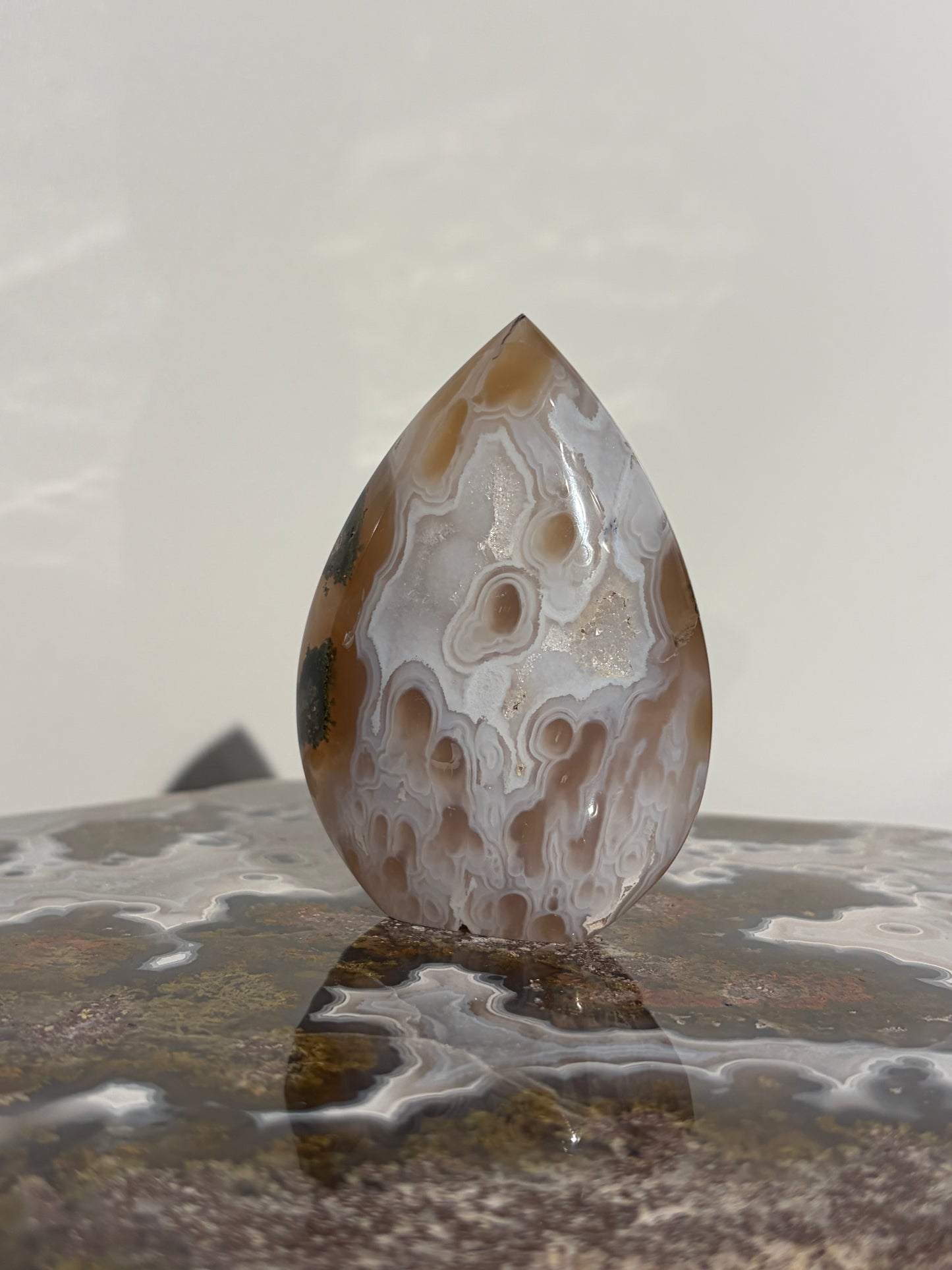 “Cyan Blooms” Jelly Orbicular Nebula Agate Flame Carving with Green Moss A