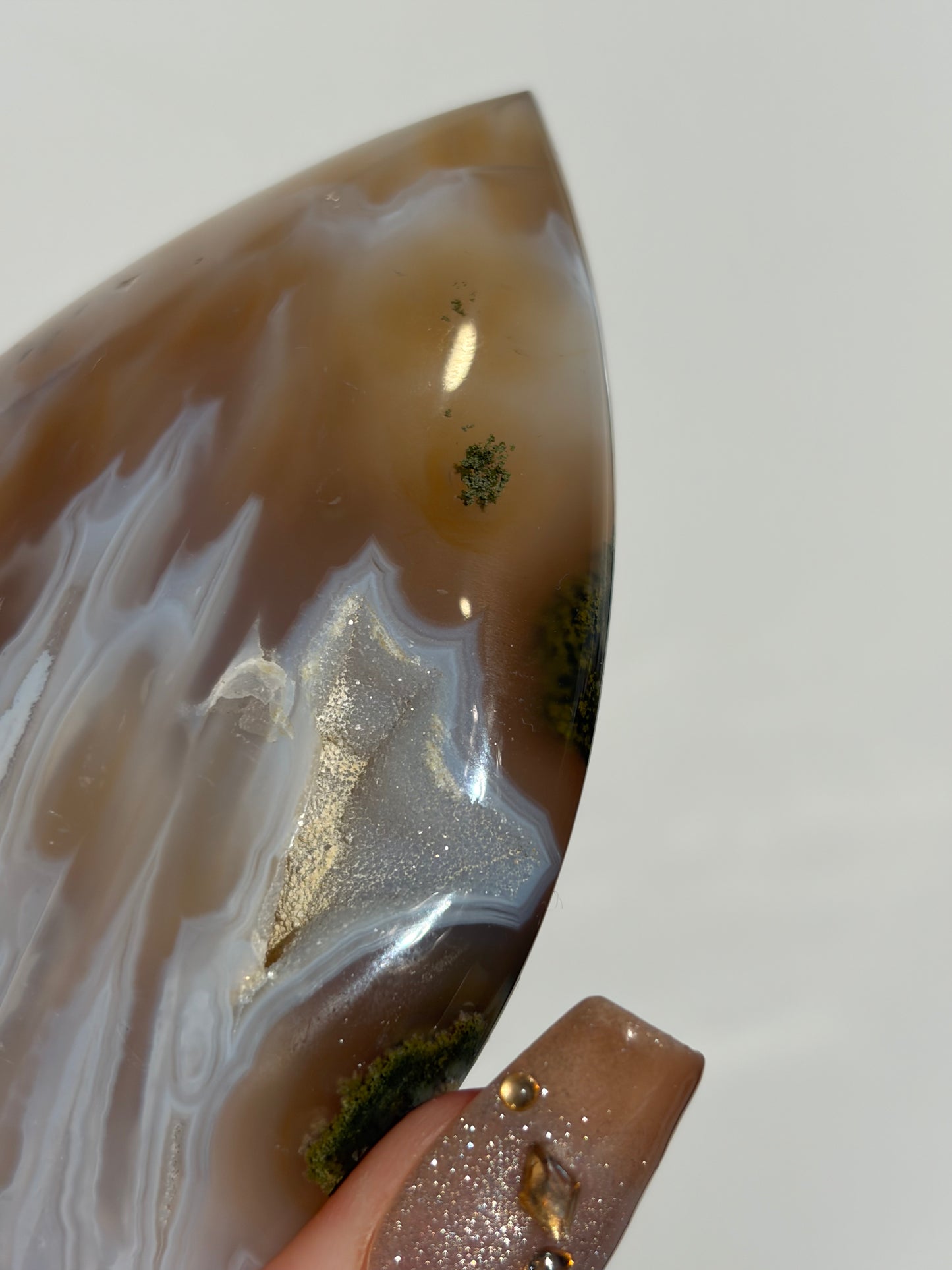 “Cyan Blooms” Jelly Orbicular Nebula Agate Flame Carving with Green Moss A