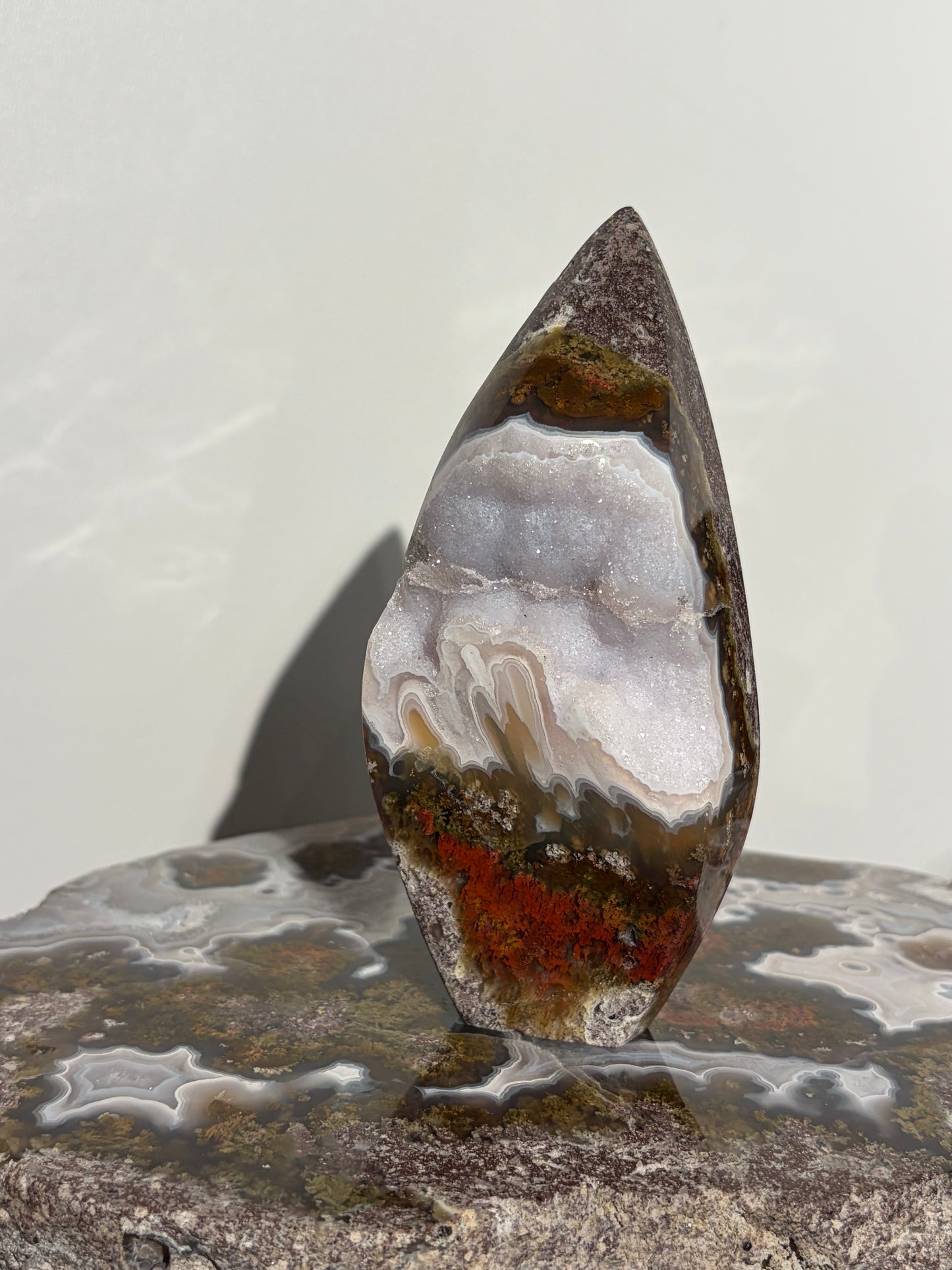 “The Obi Monolith” Druzy Nebula Agate with Red Moss Geometric Flame Statement