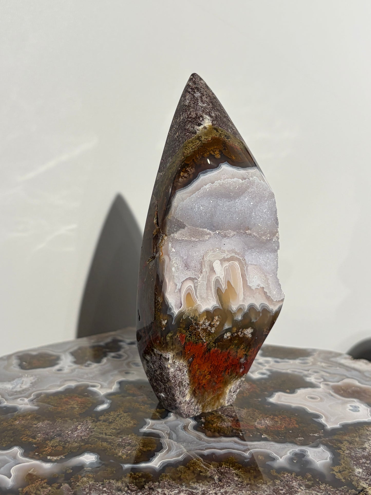 “The Obi Monolith” Druzy Nebula Agate with Red Moss Geometric Flame Statement