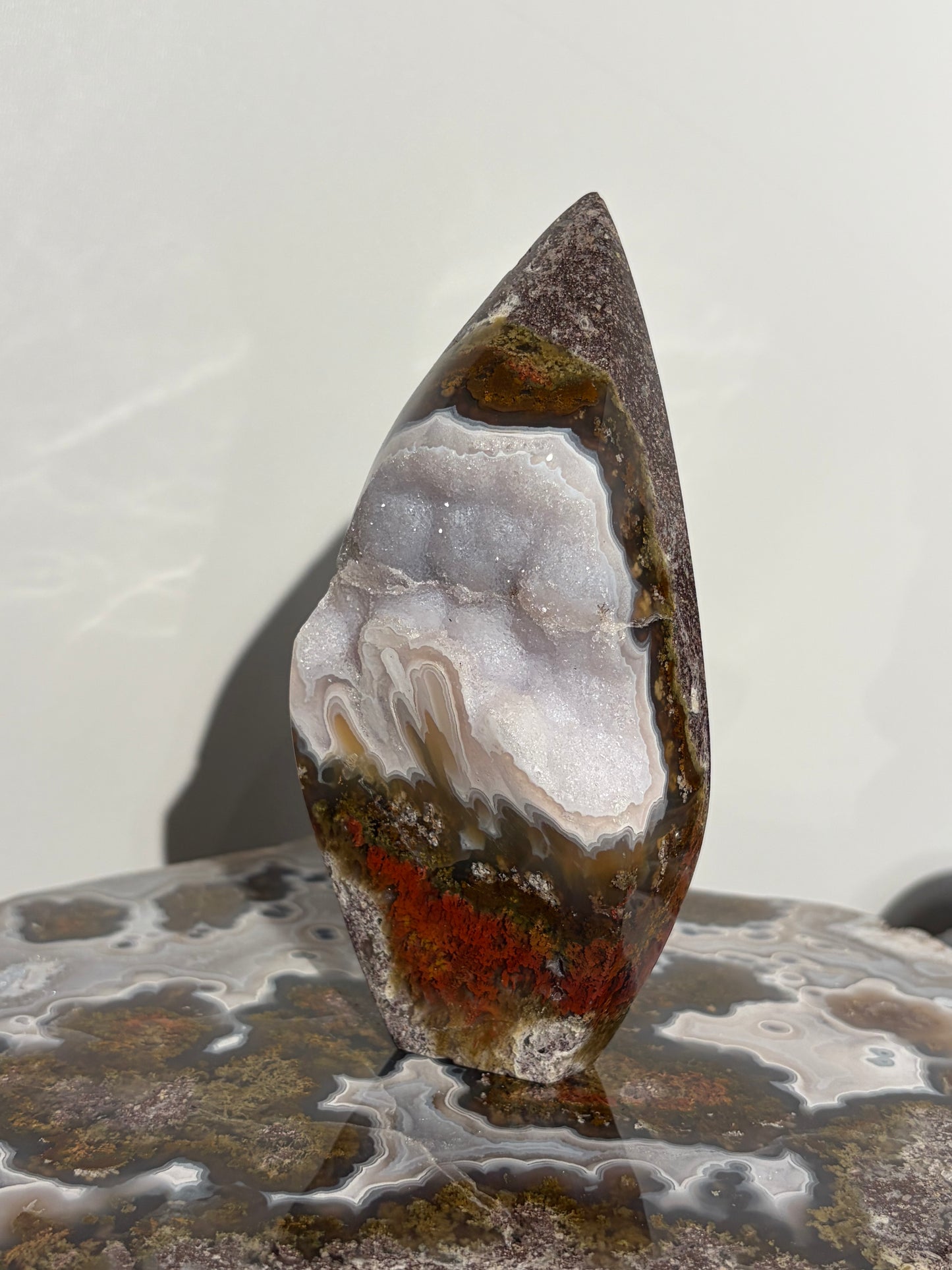 “The Obi Monolith” Druzy Nebula Agate with Red Moss Geometric Flame Statement