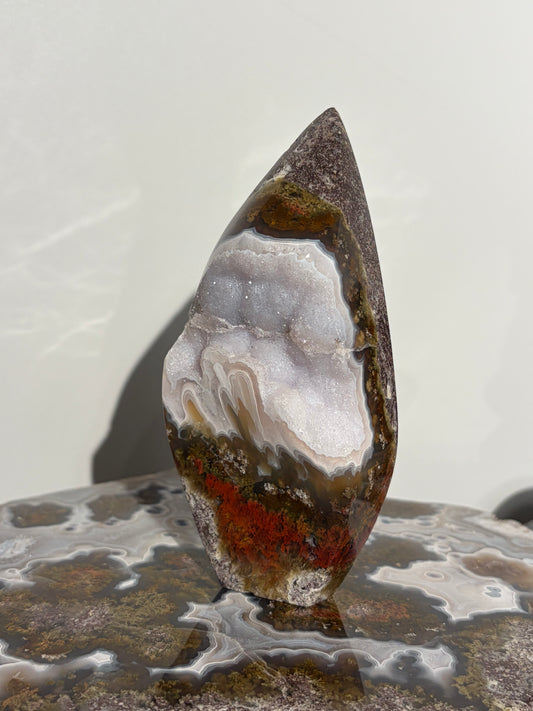 “The Obi Monolith” Druzy Nebula Agate with Red Moss Geometric Flame Statement