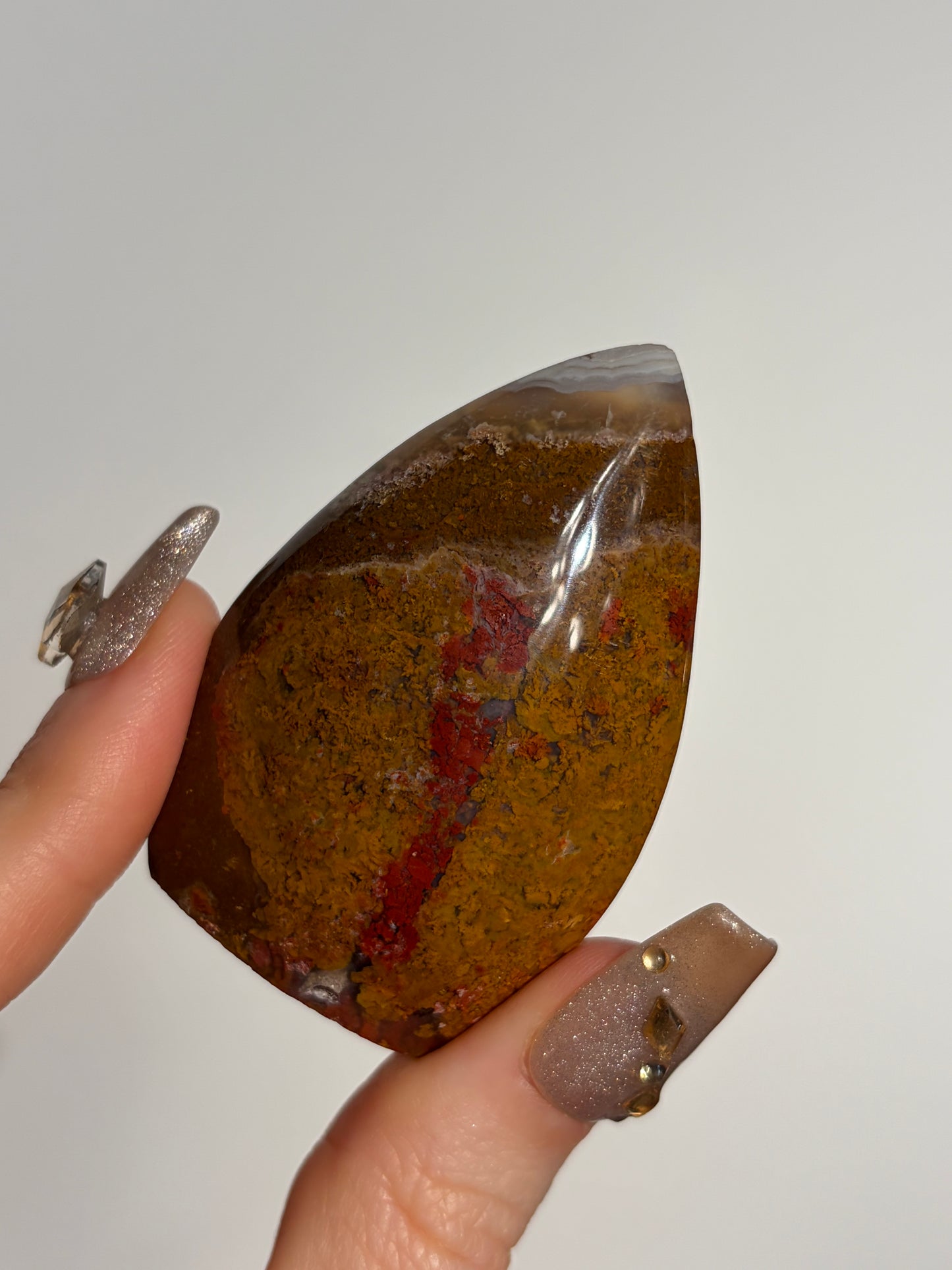 Nebula Agate Flame Carving with Red Moss Inclusions C