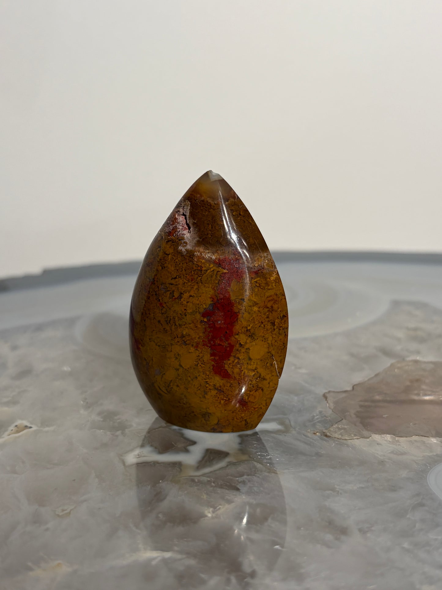 Nebula Agate Flame Carving with Red Moss Inclusions D