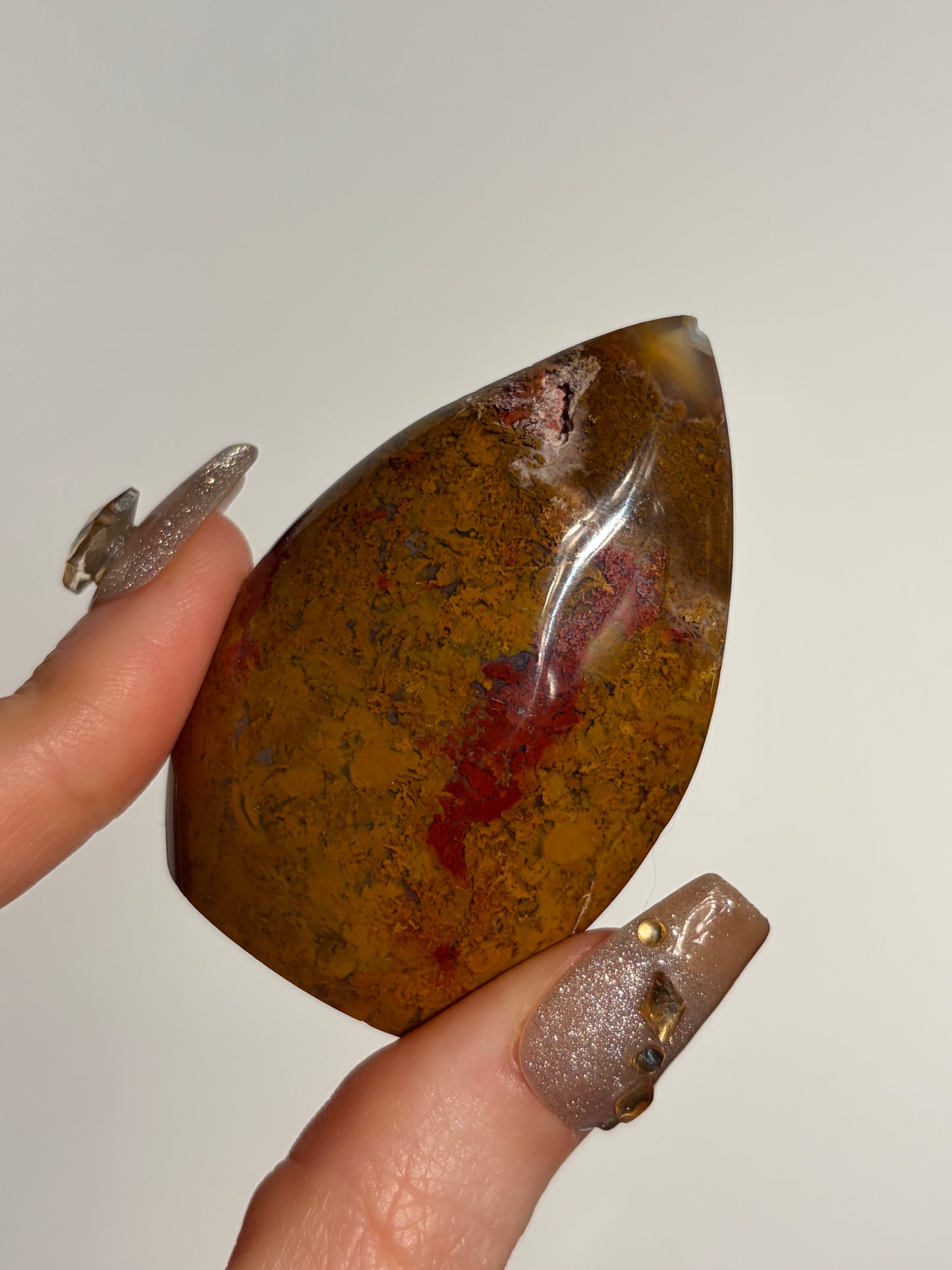 Nebula Agate Flame Carving with Red Moss Inclusions D