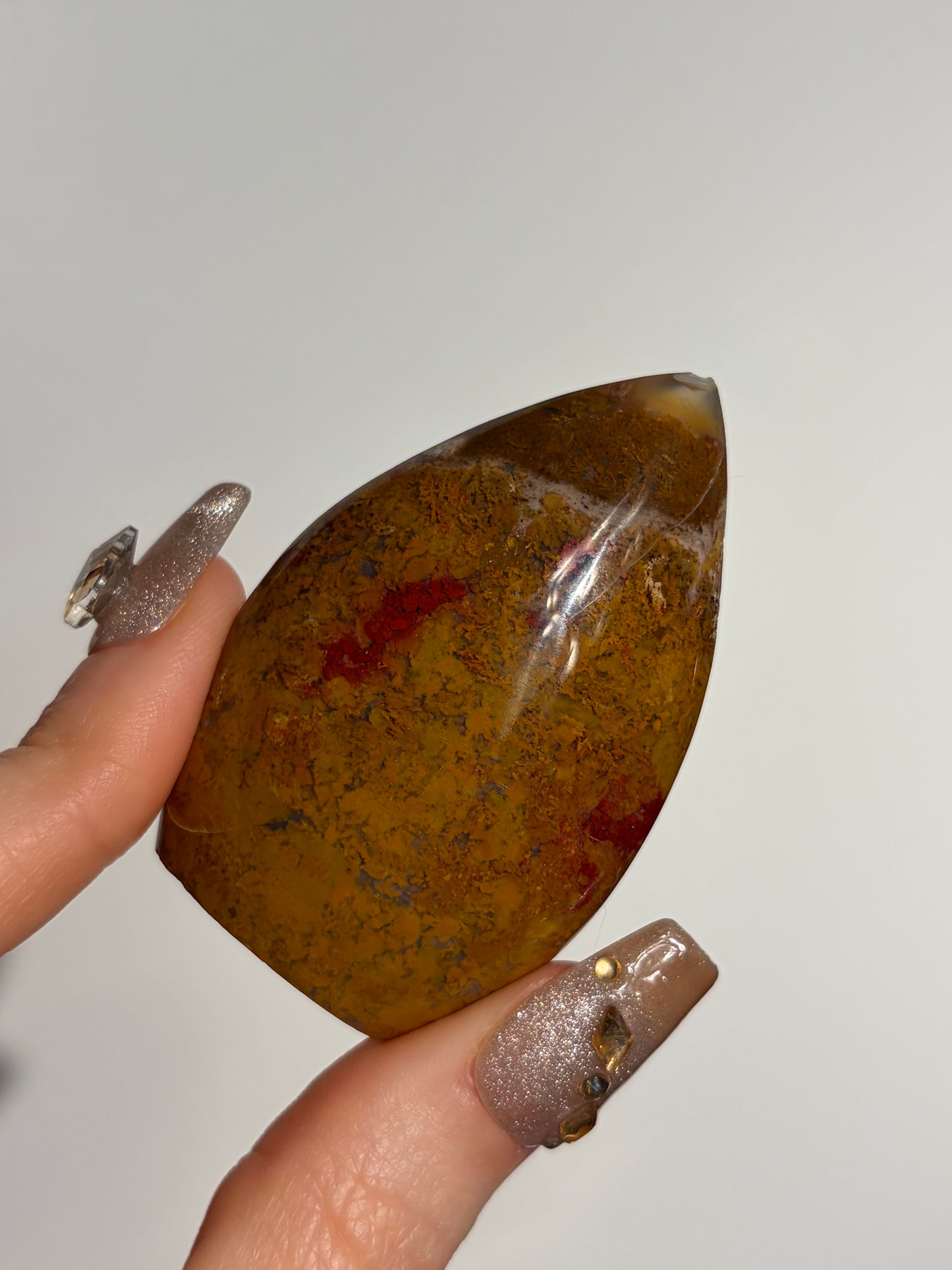 Nebula Agate Flame Carving with Red Moss Inclusions D
