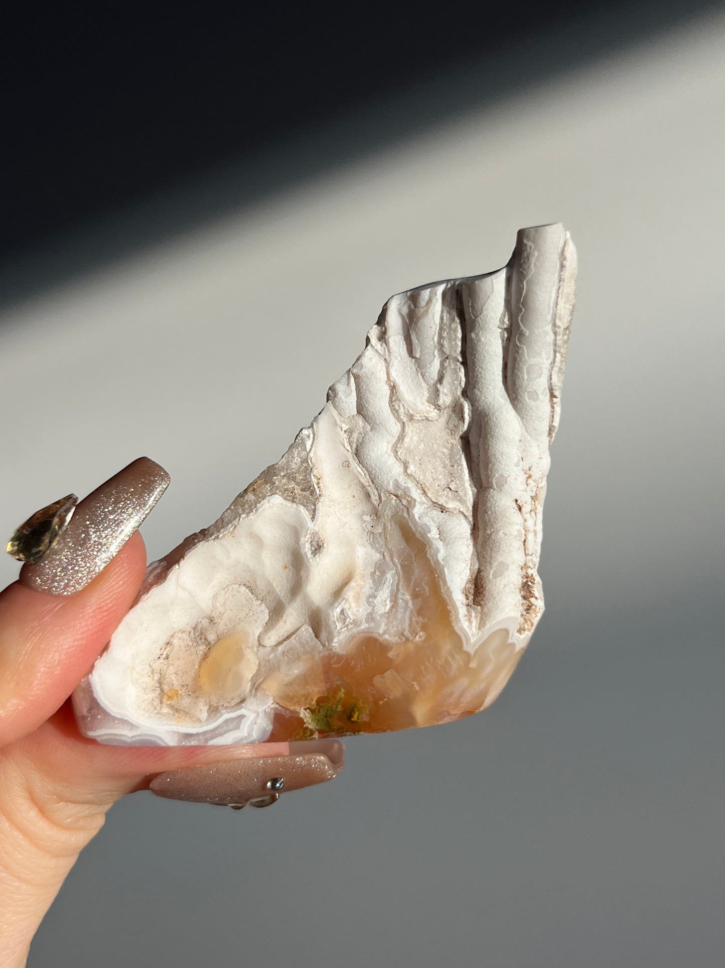 “Pillars of Creation” Orbicular Nebula Agate Semi Polished Standing Freeform with Carnelian and Green Moss Inclusions C