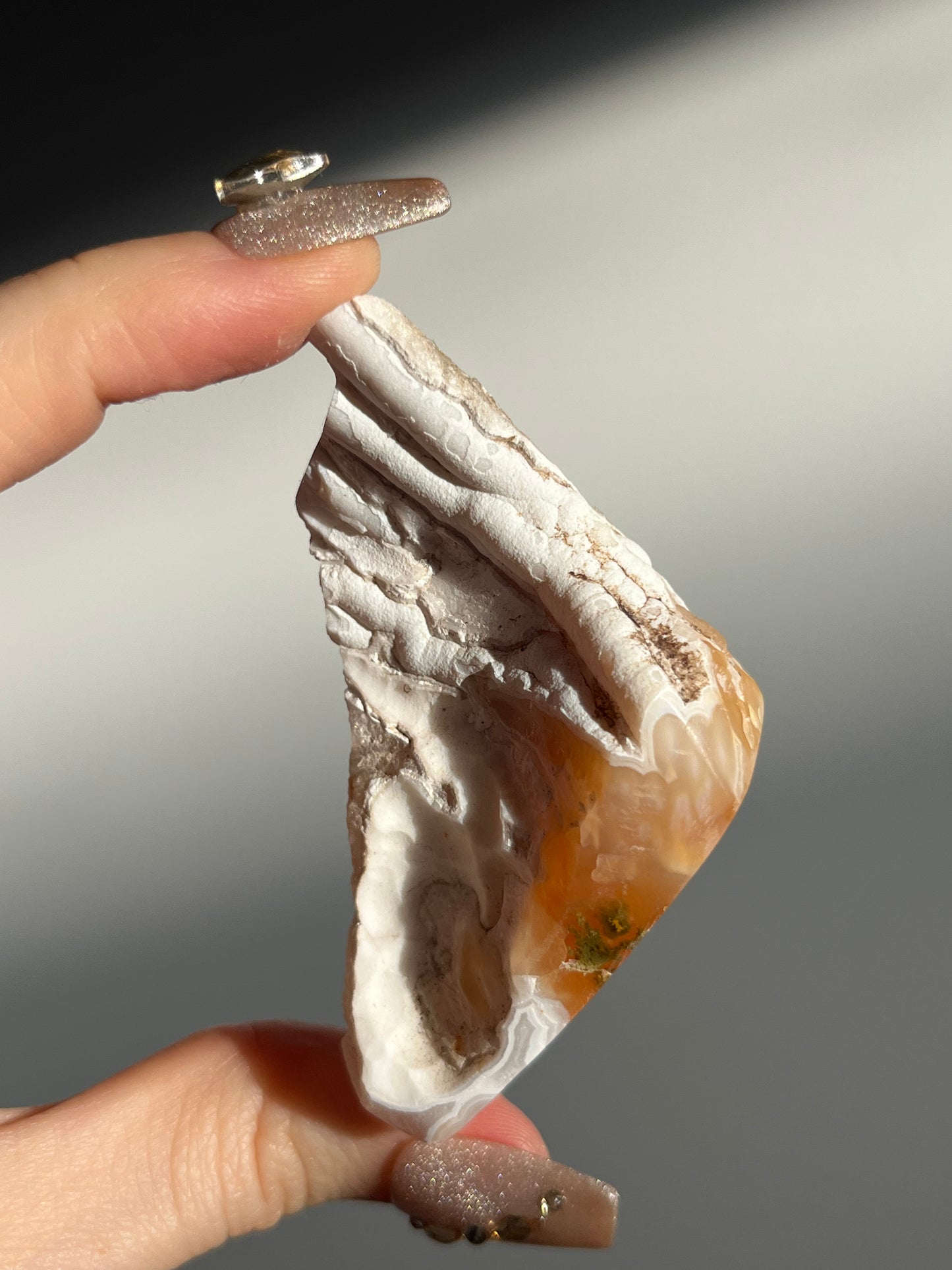 “Pillars of Creation” Orbicular Nebula Agate Semi Polished Standing Freeform with Carnelian and Green Moss Inclusions C