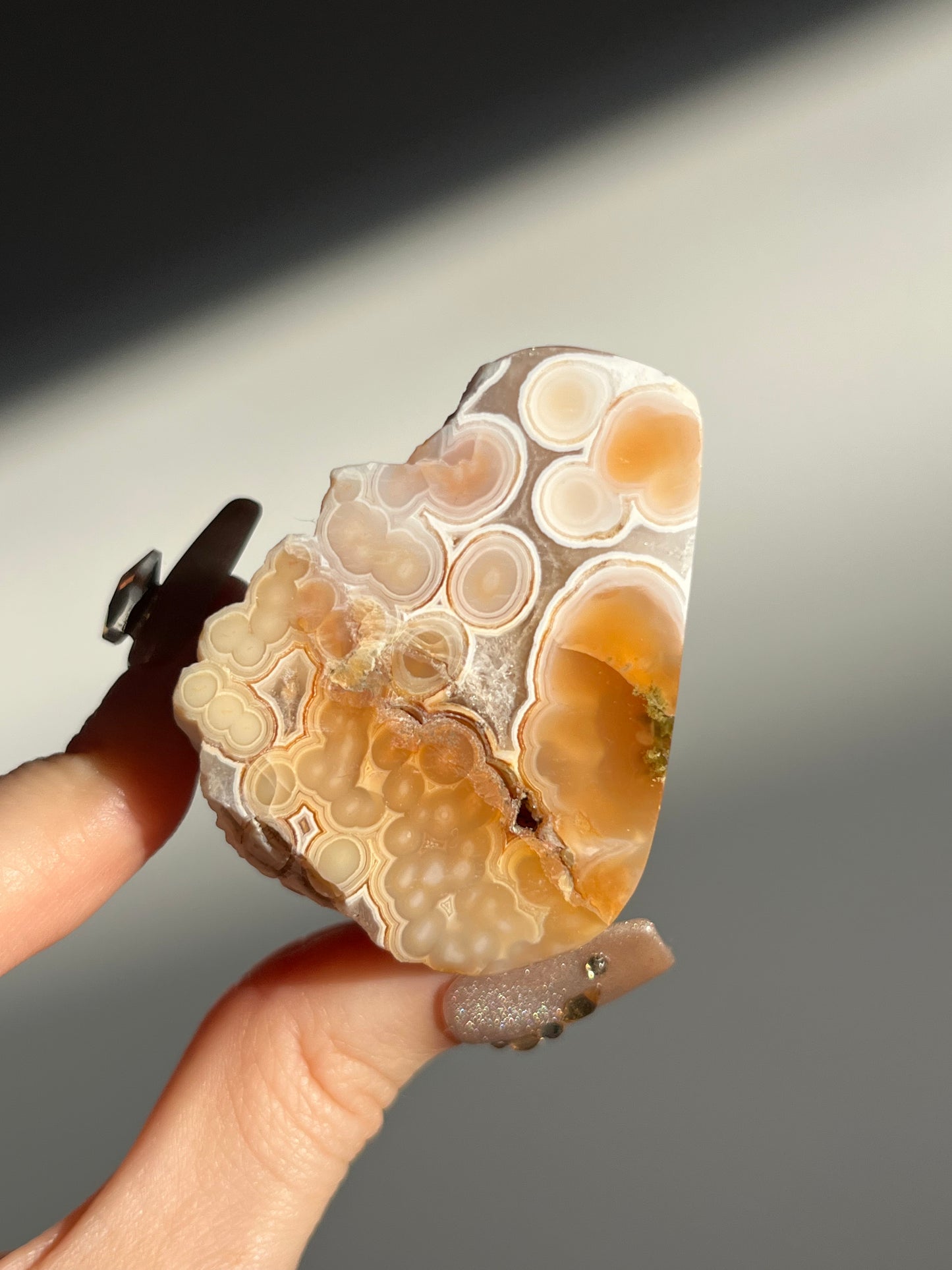 “Pillars of Creation” Orbicular Nebula Agate Semi Polished Standing Freeform with Carnelian and Green Moss Inclusions C