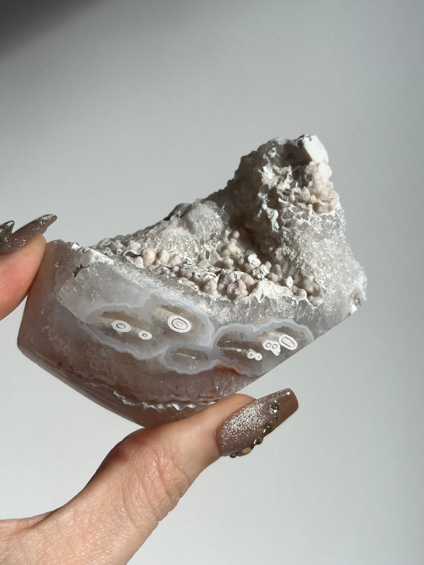 Druzy Orbicular Nebula Agate Standing Freeform with Carnelian Inclusions A