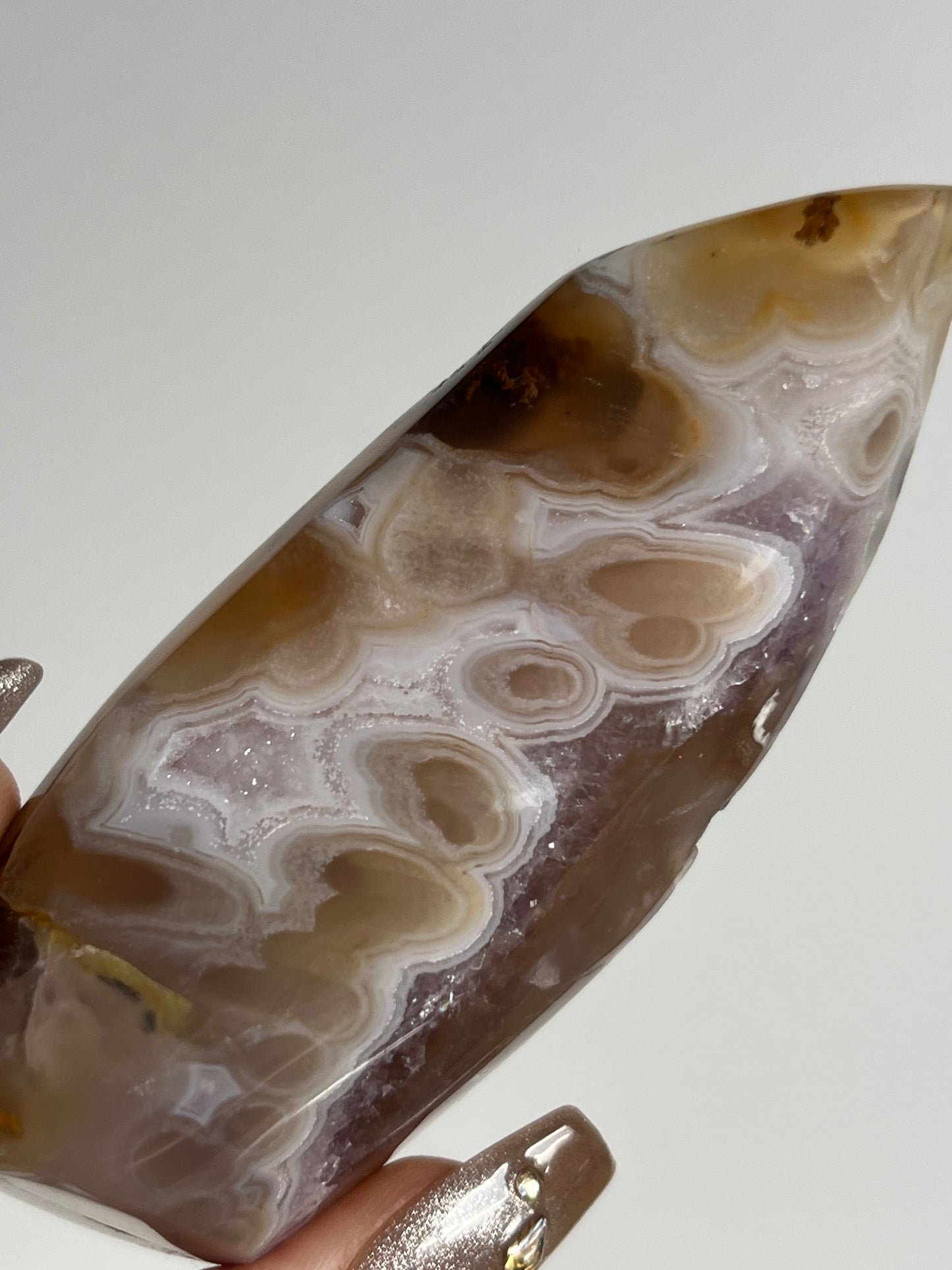Orbicular Nebula Agate Freeform with Carnelian, Flower Chalcedony, Amethyst & Multicoloured Moss Inclusions E (Parallax Effect)