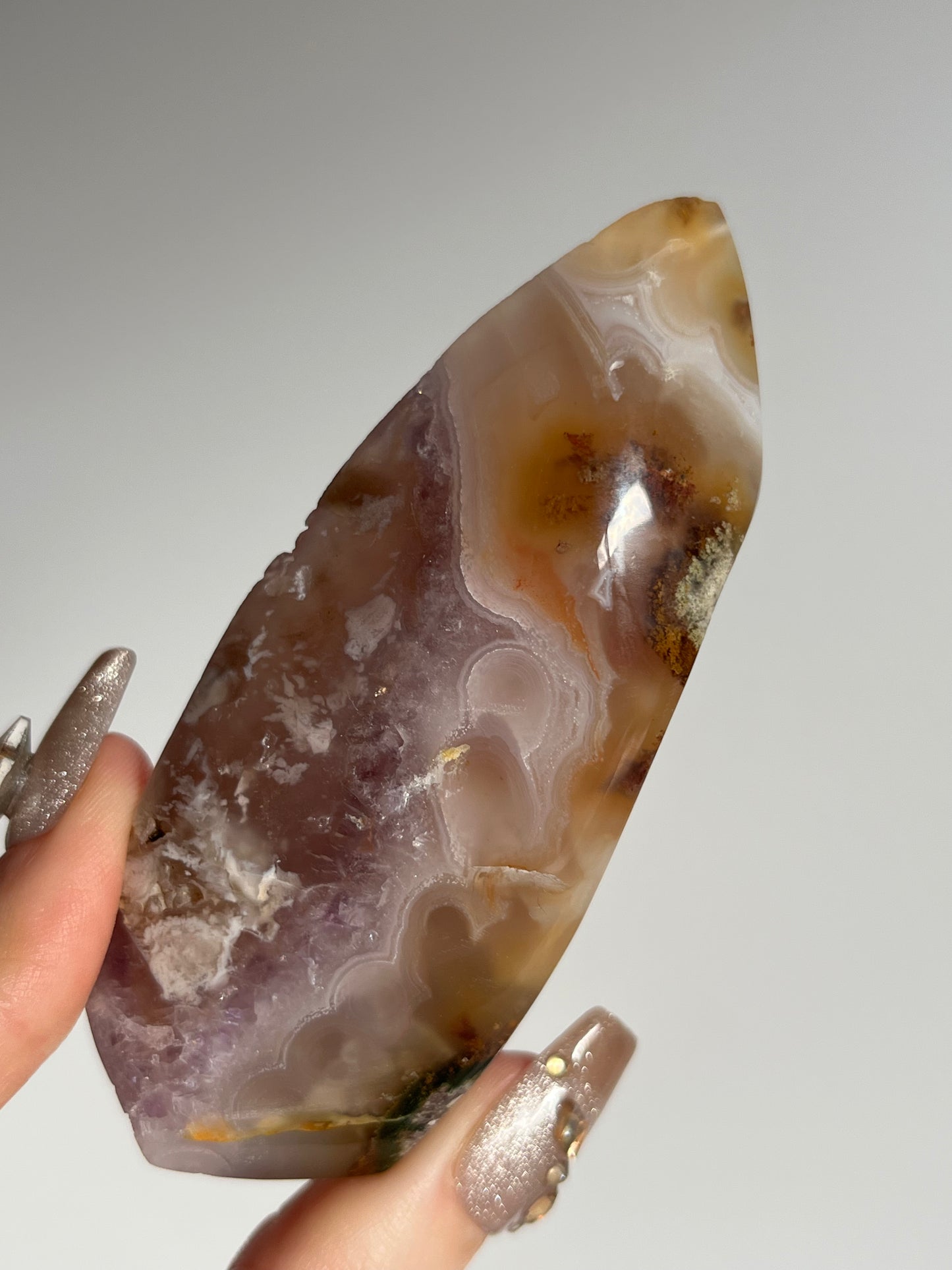 Orbicular Nebula Agate Freeform with Carnelian, Flower Chalcedony, Amethyst & Multicoloured Moss Inclusions E (Parallax Effect)