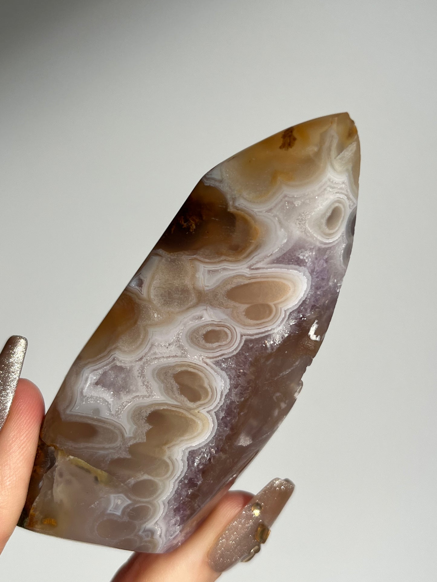 Orbicular Nebula Agate Freeform with Carnelian, Flower Chalcedony, Amethyst & Multicoloured Moss Inclusions E (Parallax Effect)