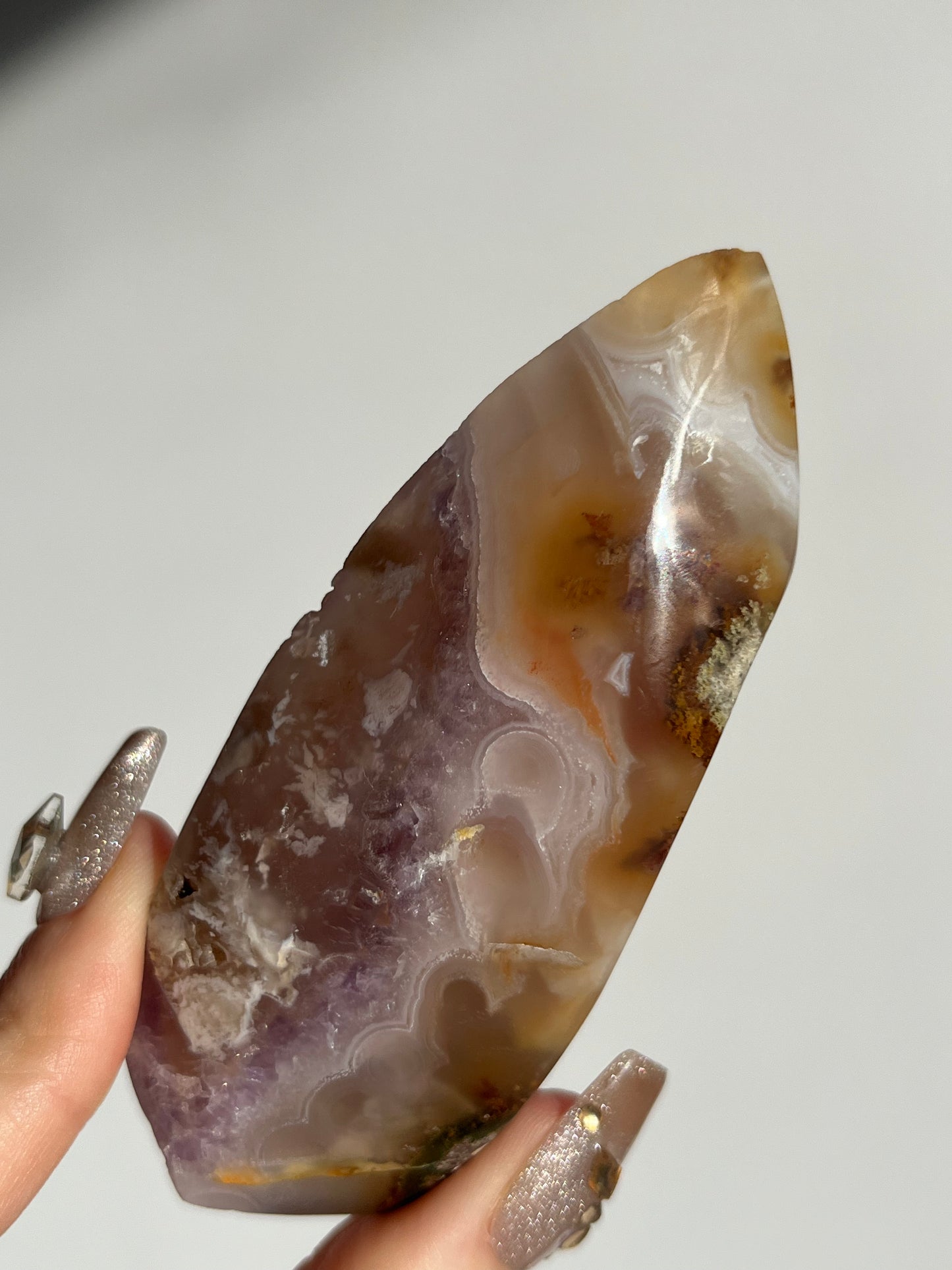 Orbicular Nebula Agate Freeform with Carnelian, Flower Chalcedony, Amethyst & Multicoloured Moss Inclusions E (Parallax Effect)