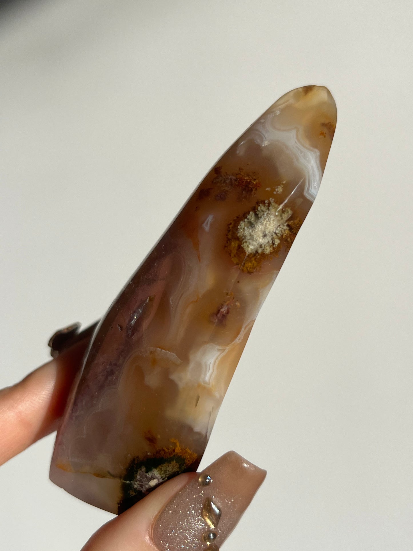 Orbicular Nebula Agate Freeform with Carnelian, Flower Chalcedony, Amethyst & Multicoloured Moss Inclusions E (Parallax Effect)