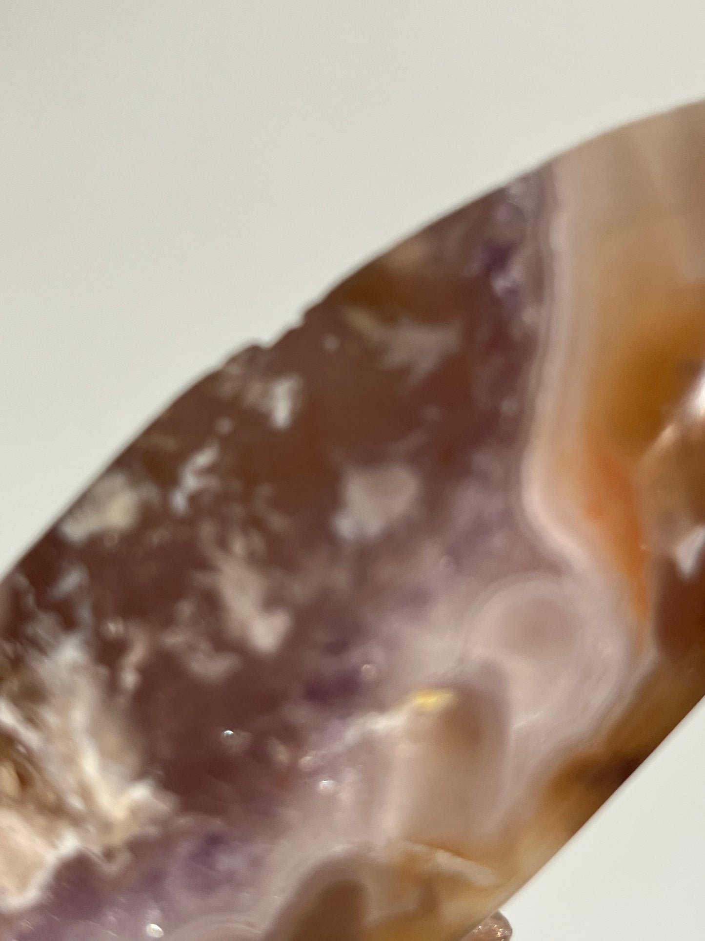Orbicular Nebula Agate Freeform with Carnelian, Flower Chalcedony, Amethyst & Multicoloured Moss Inclusions E (Parallax Effect)