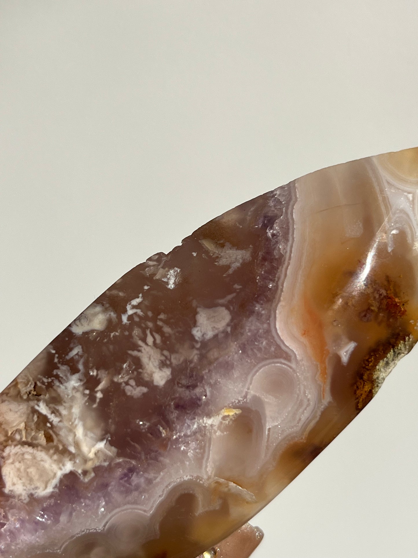 Orbicular Nebula Agate Freeform with Carnelian, Flower Chalcedony, Amethyst & Multicoloured Moss Inclusions E (Parallax Effect)