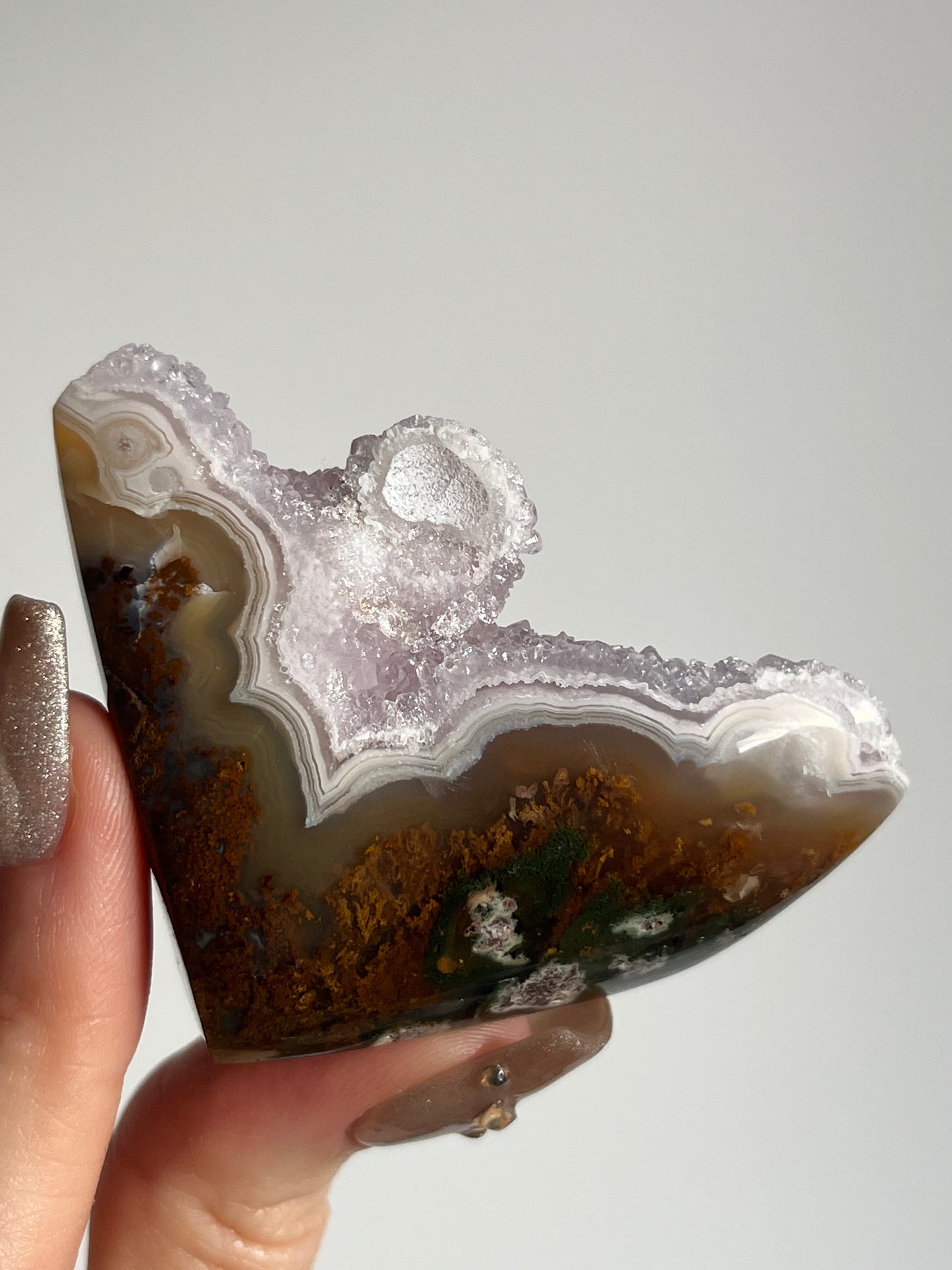 Nebula Agate Standing Freeform with Amethyst and Multicoloured Moss Inclusions G (Parallax Effect)
