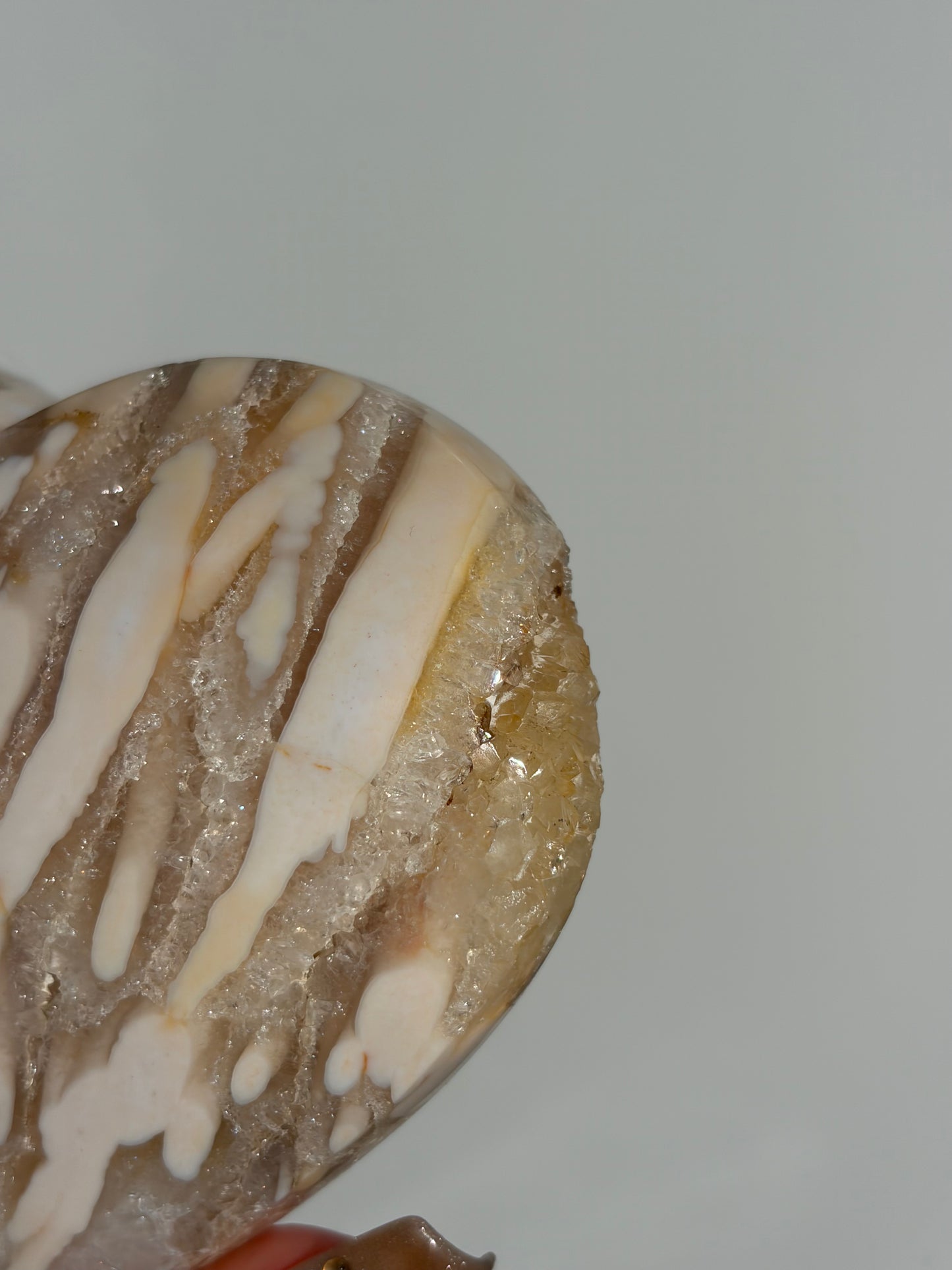 “Blush Worlds” Pink Orbicular Nebula Agate with Golden Healer Heart Carving