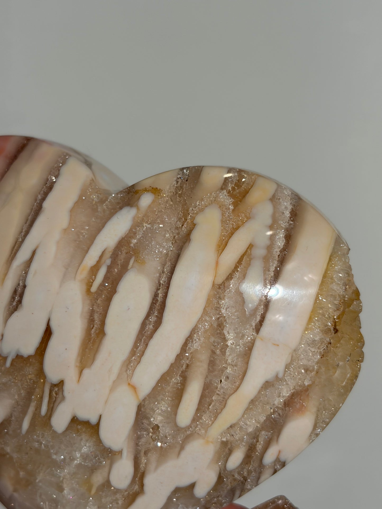 “Blush Worlds” Pink Orbicular Nebula Agate with Golden Healer Heart Carving