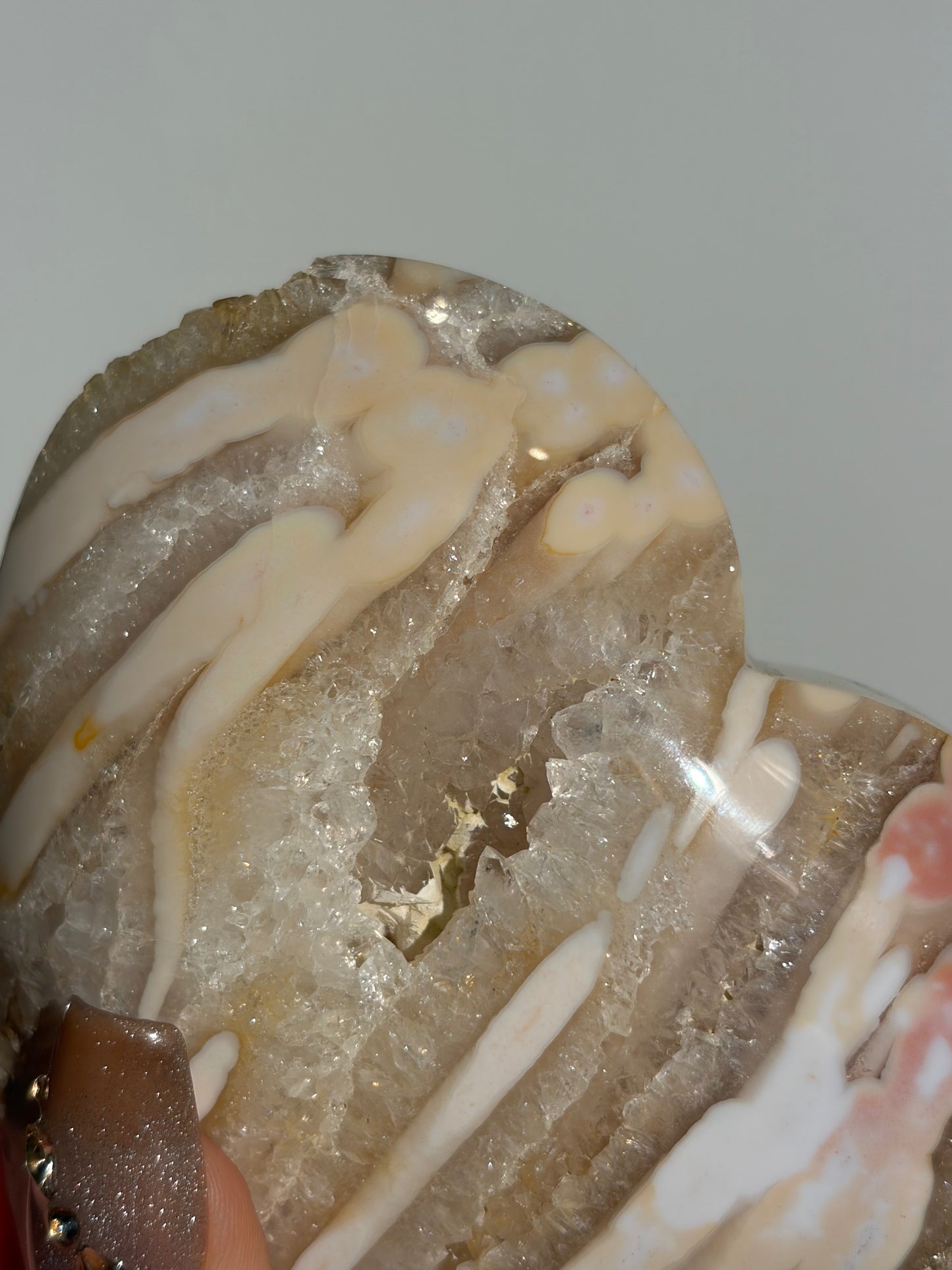 “Blush Worlds” Pink Orbicular Nebula Agate with Golden Healer Heart Carving
