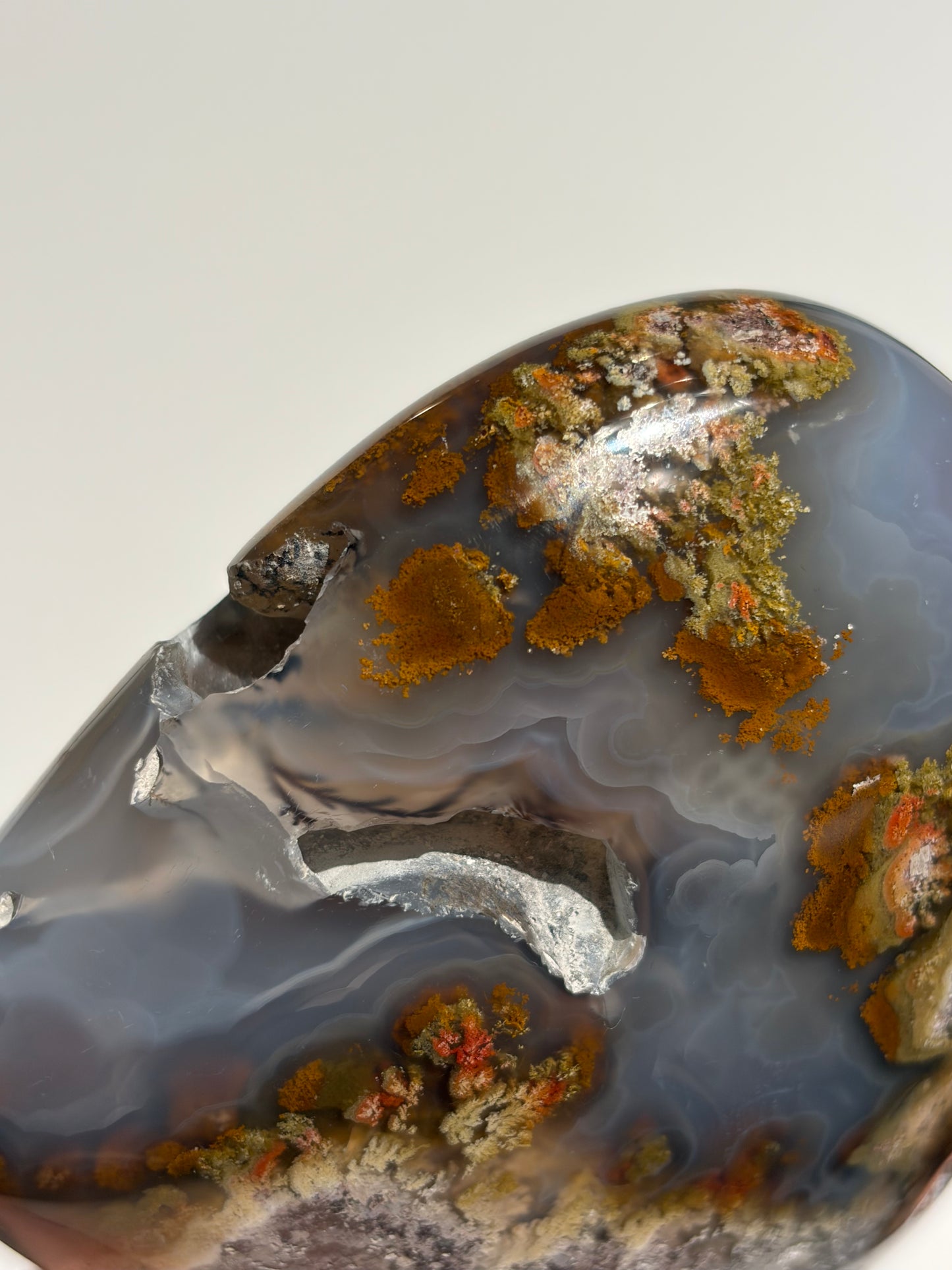 “Gardens by the Sea” Blue Chalcedony Nebula Agate Statement Heart Carving with Dendritic Inclusions A
