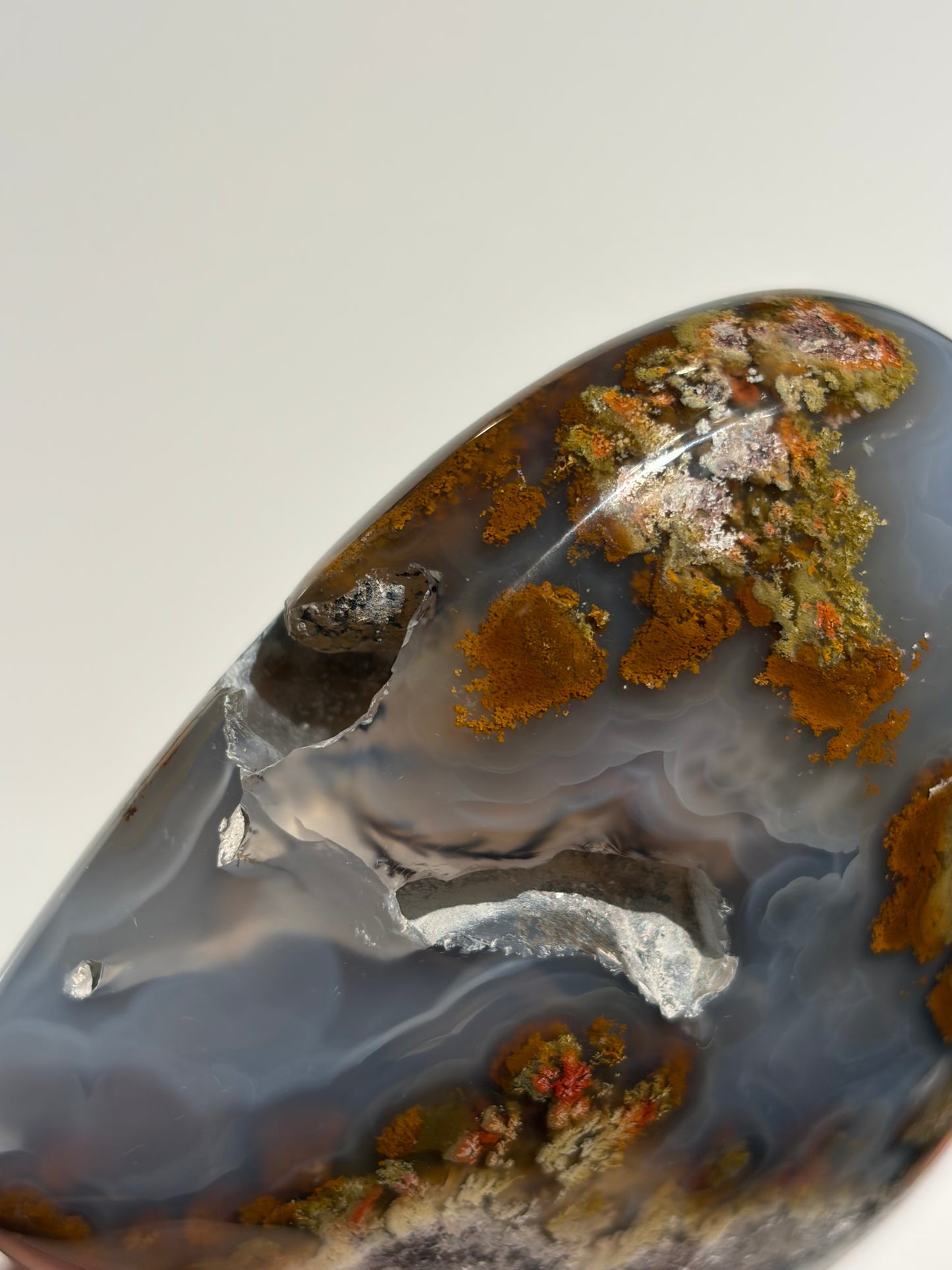 “Gardens by the Sea” Blue Chalcedony Nebula Agate Statement Heart Carving with Dendritic Inclusions A