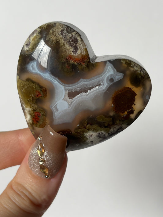 Nebula Agate Puffy Heart with Red Moss Inclusions L