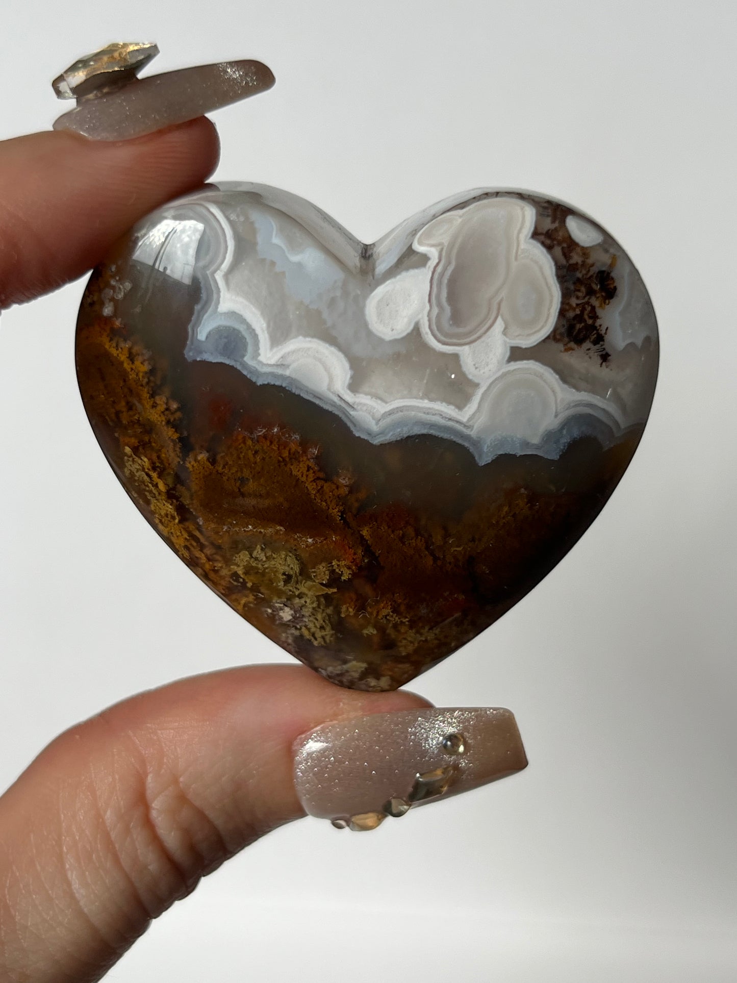 Orbicular Nebula Agate Puffy Heart with Red Moss and Dendritic Inclusions Q