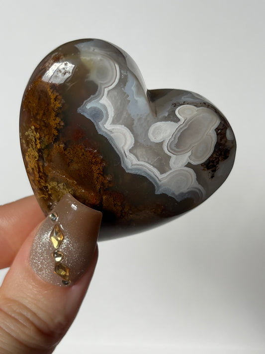 Orbicular Nebula Agate Puffy Heart with Red Moss and Dendritic Inclusions Q