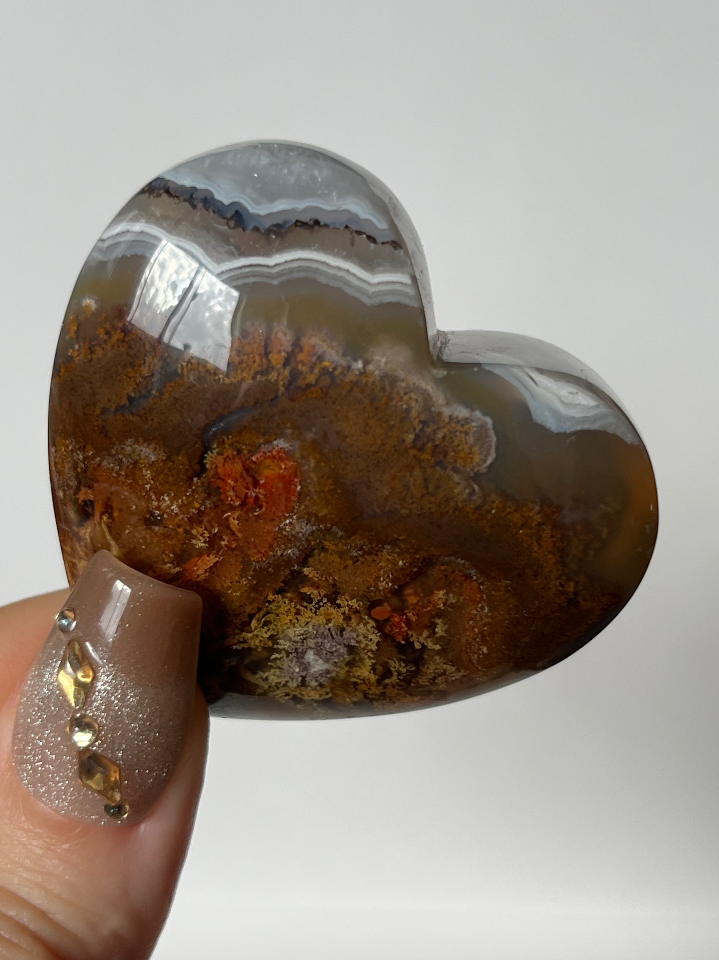Orbicular Nebula Agate Puffy Heart with Red Moss and Dendritic Inclusions Q