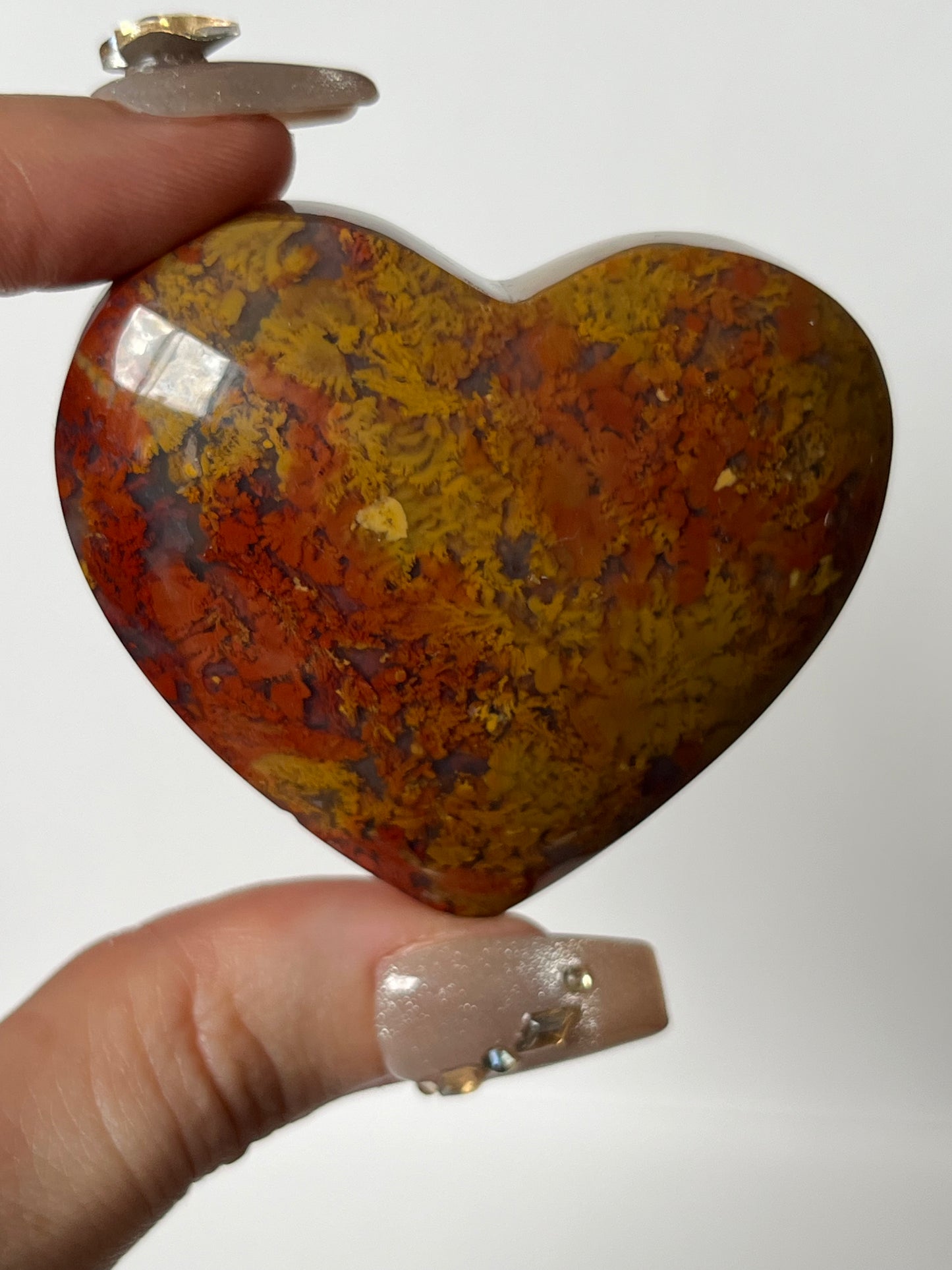 Nebula Agate Flatback Heart with Red and Yellow Moss Inclusions C