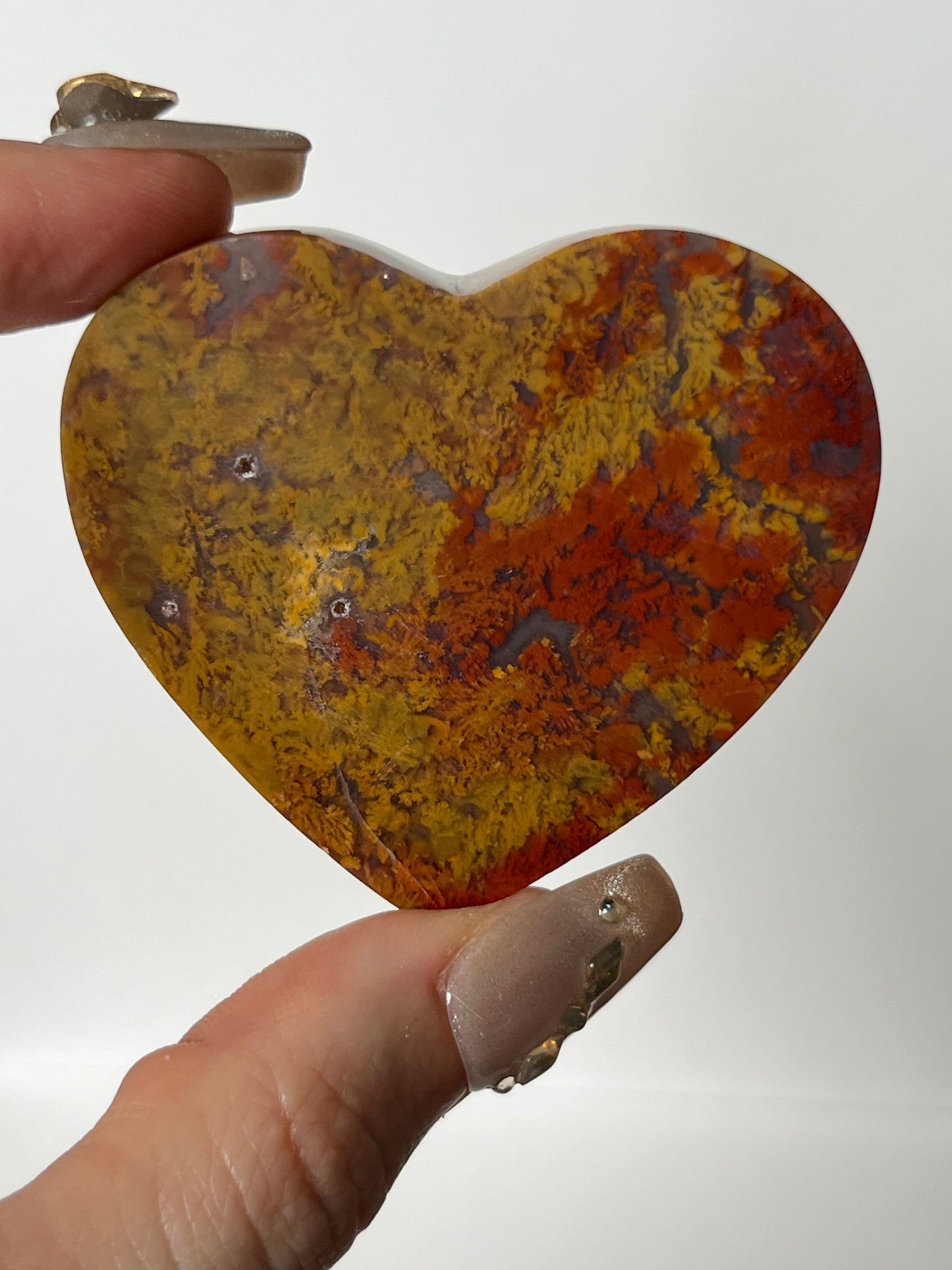 Nebula Agate Flatback Heart with Red and Yellow Moss Inclusions C
