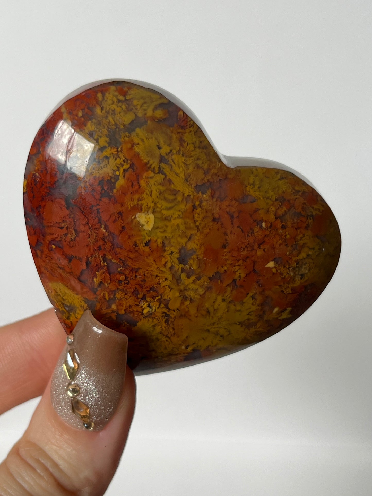 Nebula Agate Flatback Heart with Red and Yellow Moss Inclusions C