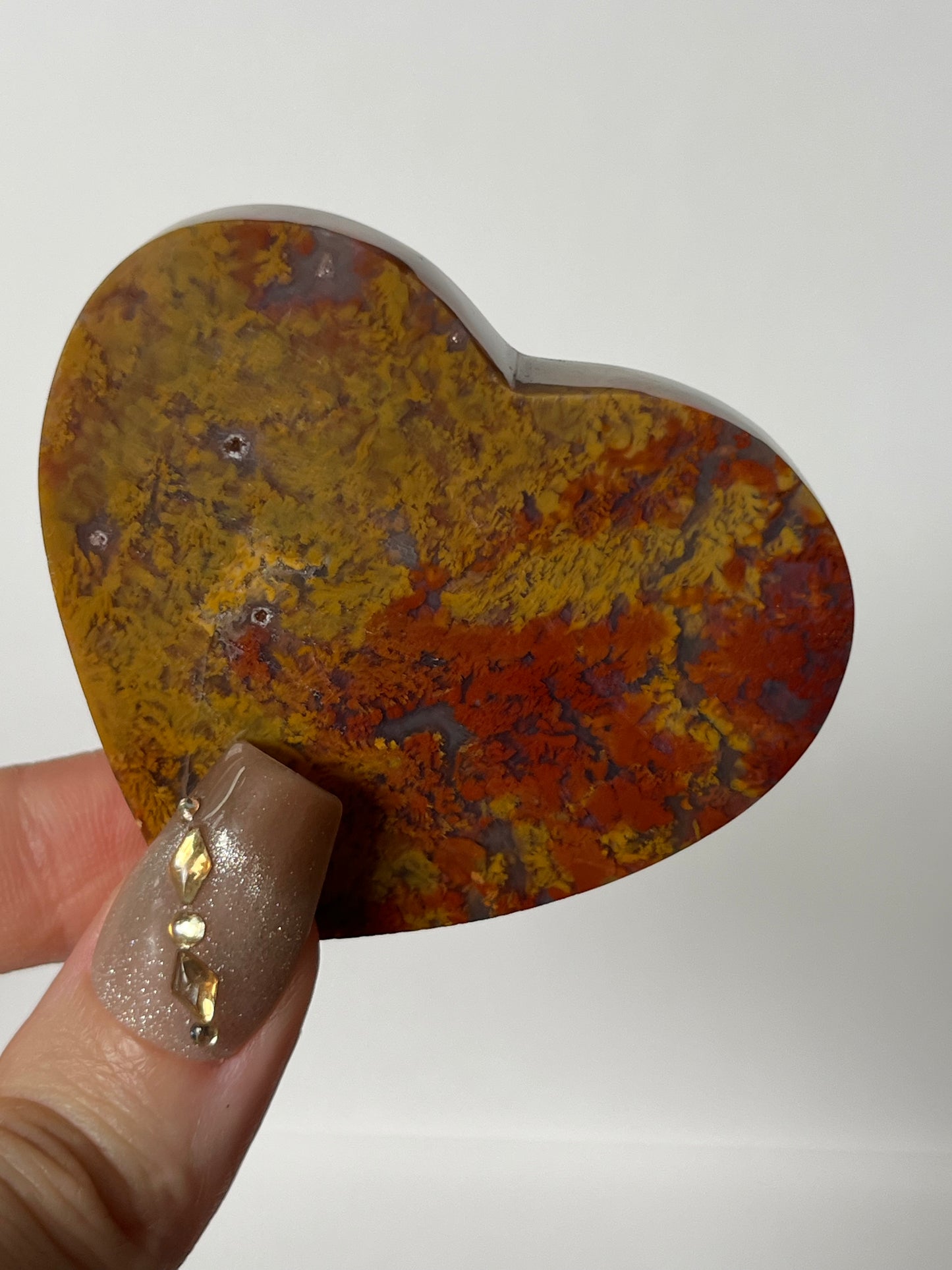 Nebula Agate Flatback Heart with Red and Yellow Moss Inclusions C