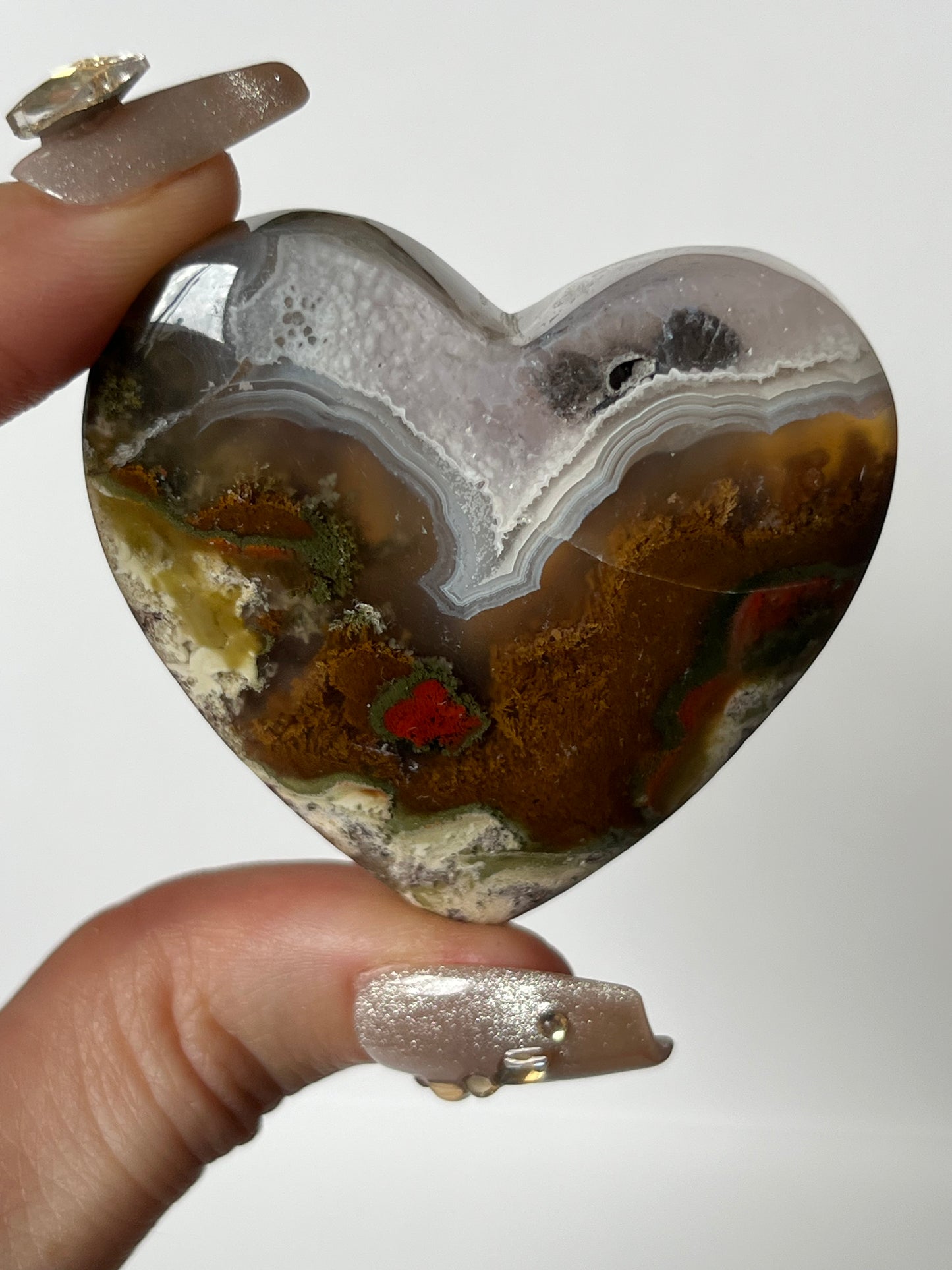 Nebula Agate Amethyst Puffy Heart with Red Moss and Dendritic Inclusions E