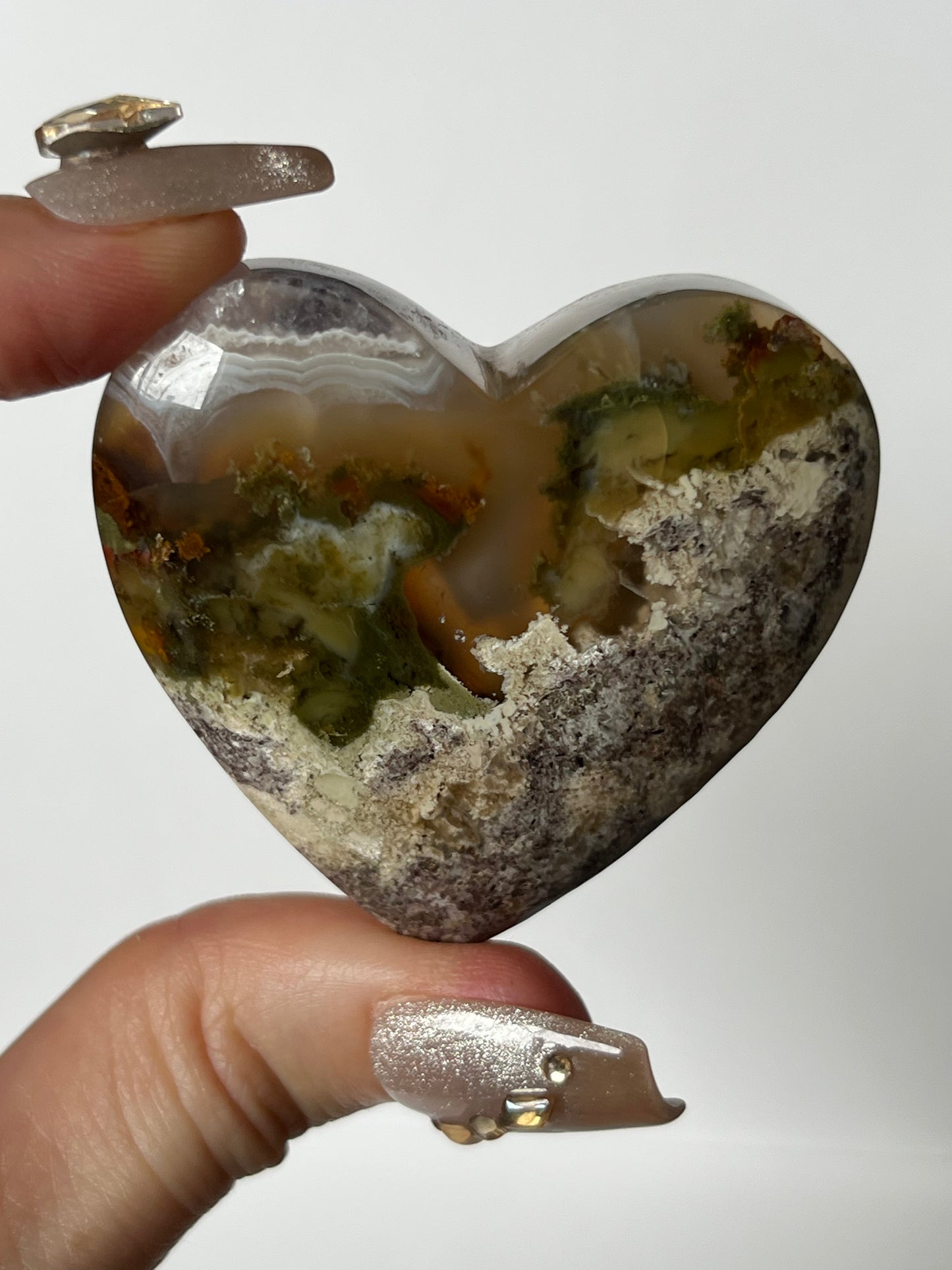 Nebula Agate Amethyst Puffy Heart with Red Moss and Dendritic Inclusions E