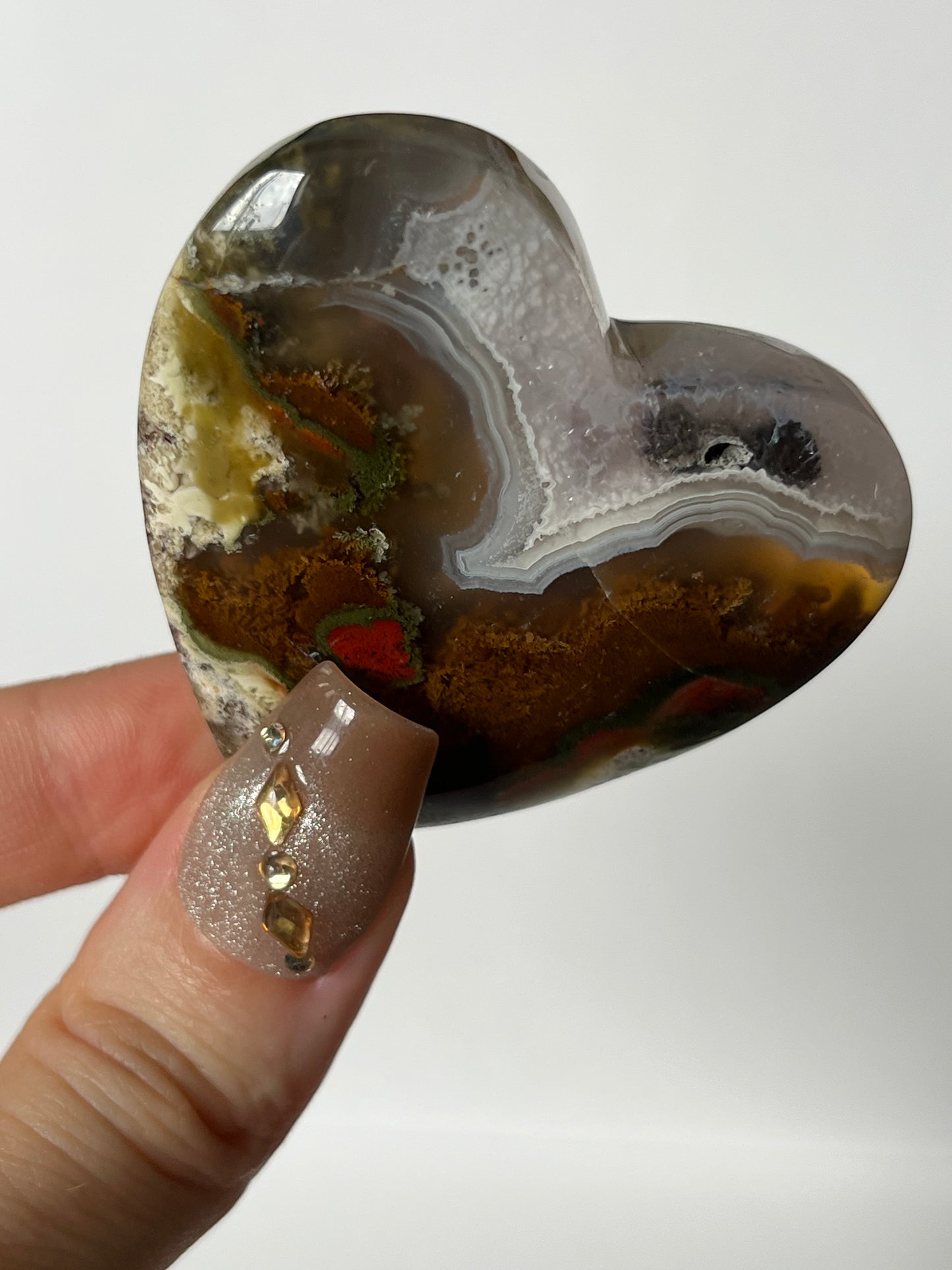 Nebula Agate Amethyst Puffy Heart with Red Moss and Dendritic Inclusions E
