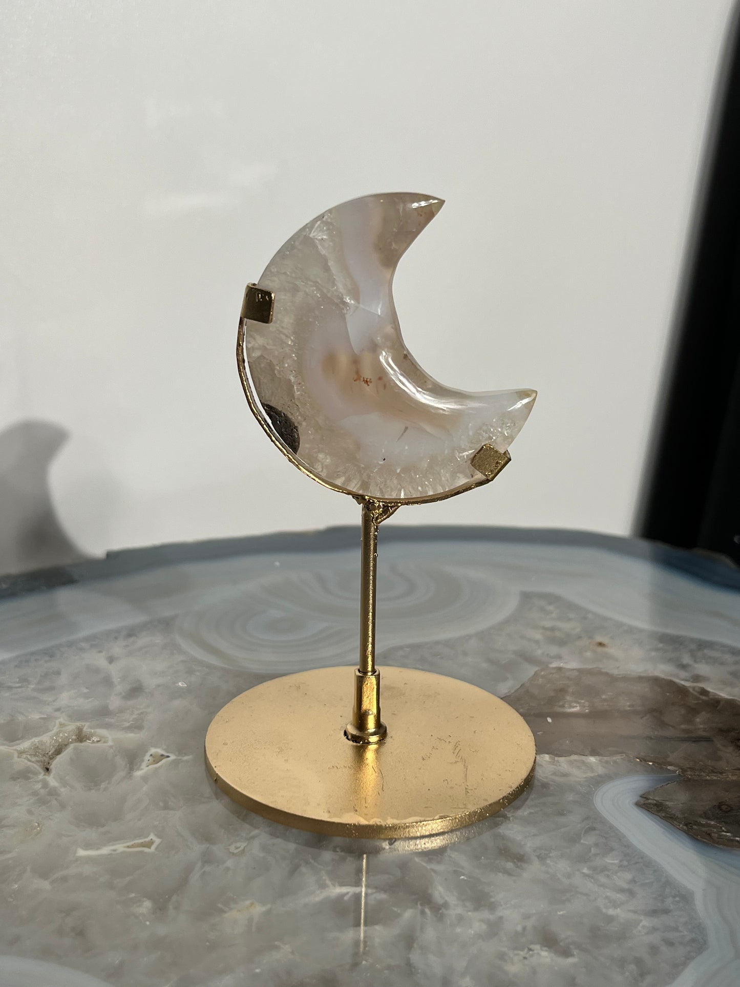 "Casper" Nebula Agate Miniature Moon Carving on Stand