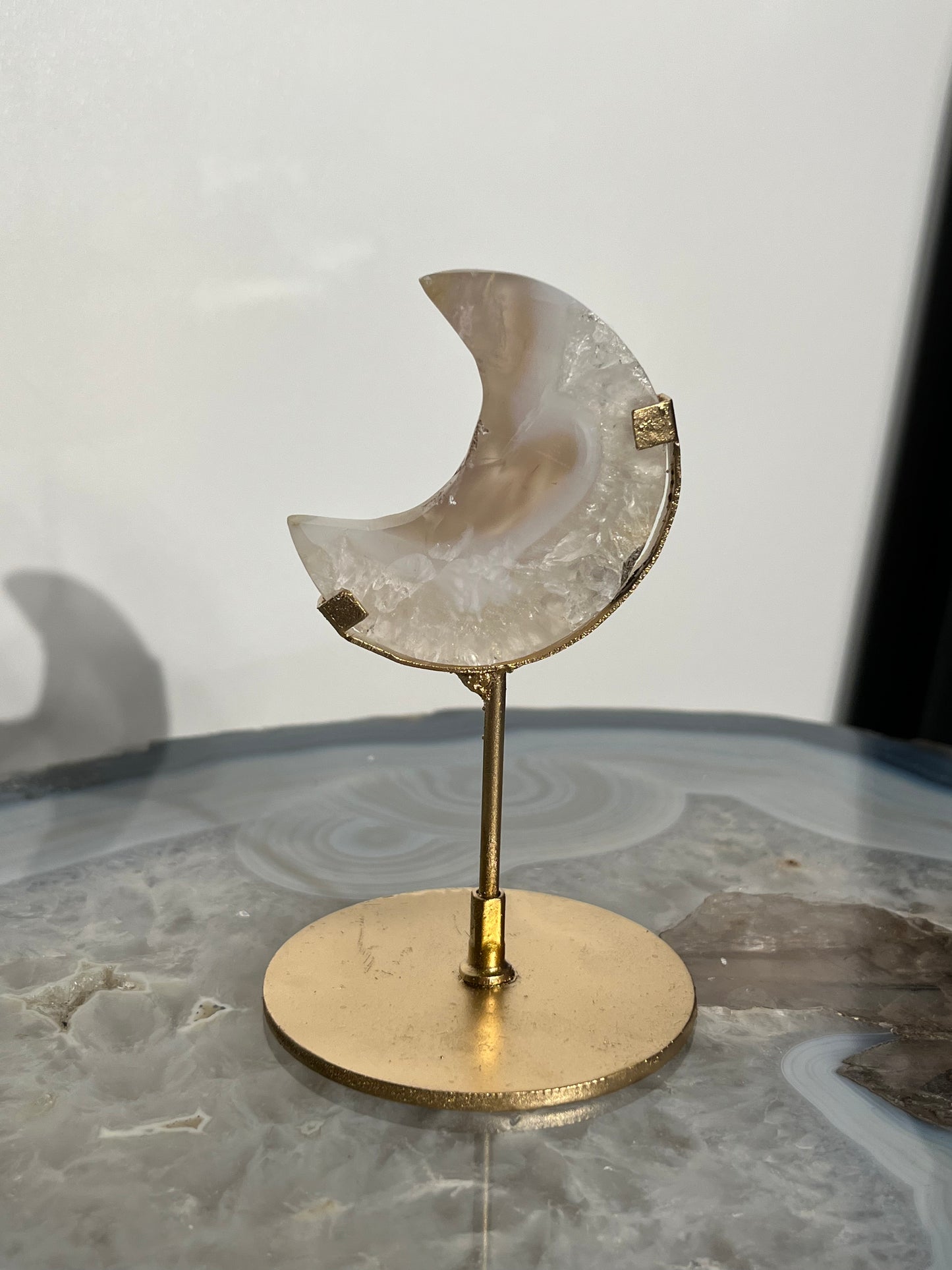 "Casper" Nebula Agate Miniature Moon Carving on Stand