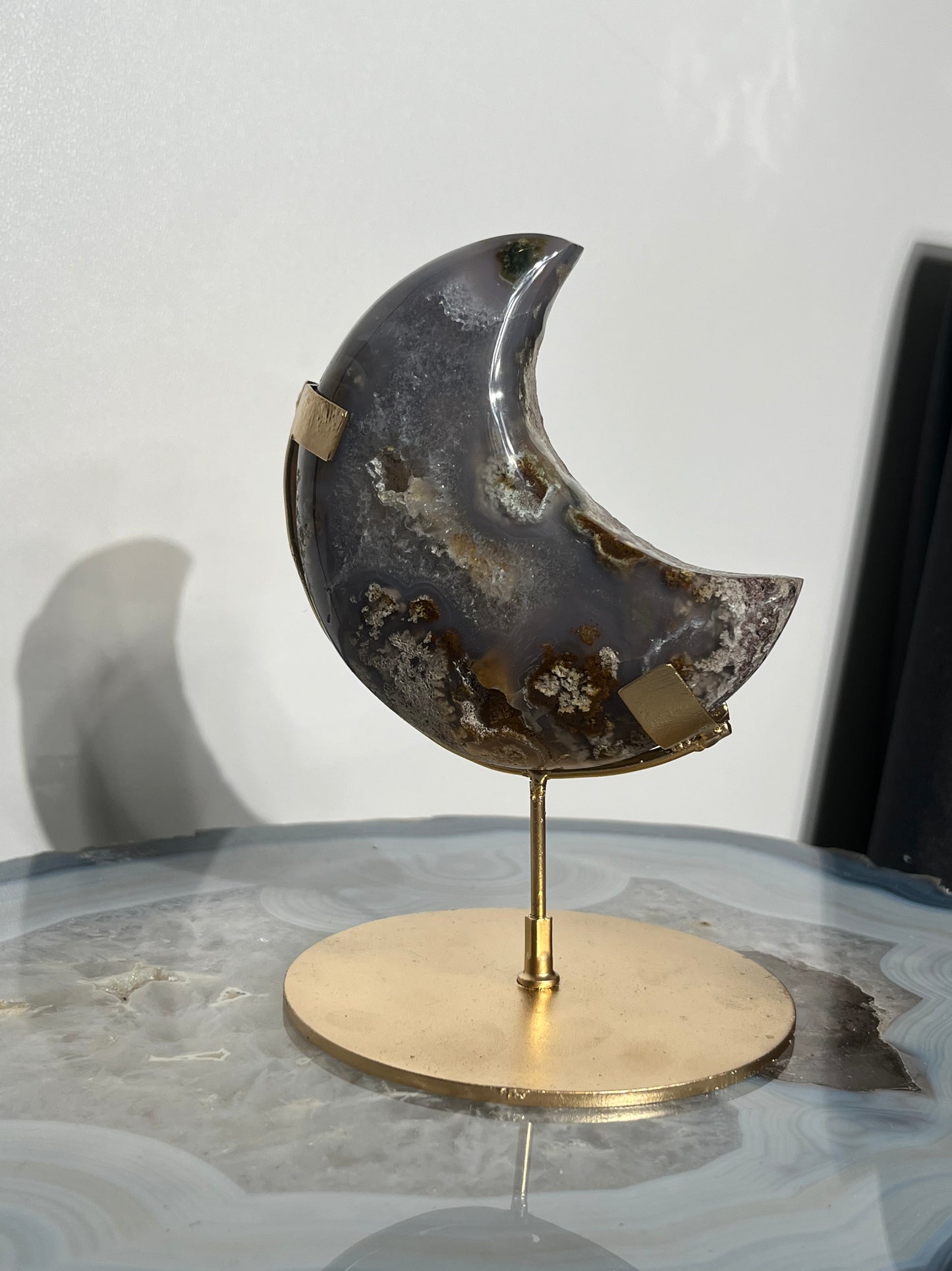 "Glacial Waters" Nebula Agate Moon Carving with Quartz on Stand