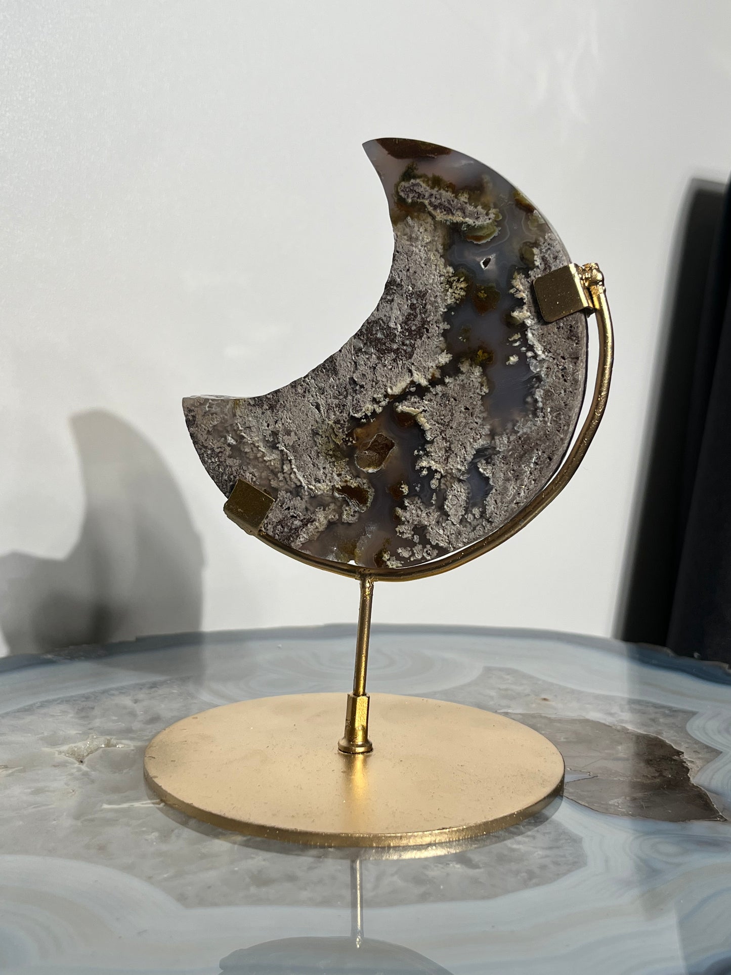 "Glacial Waters" Nebula Agate Moon Carving with Quartz on Stand