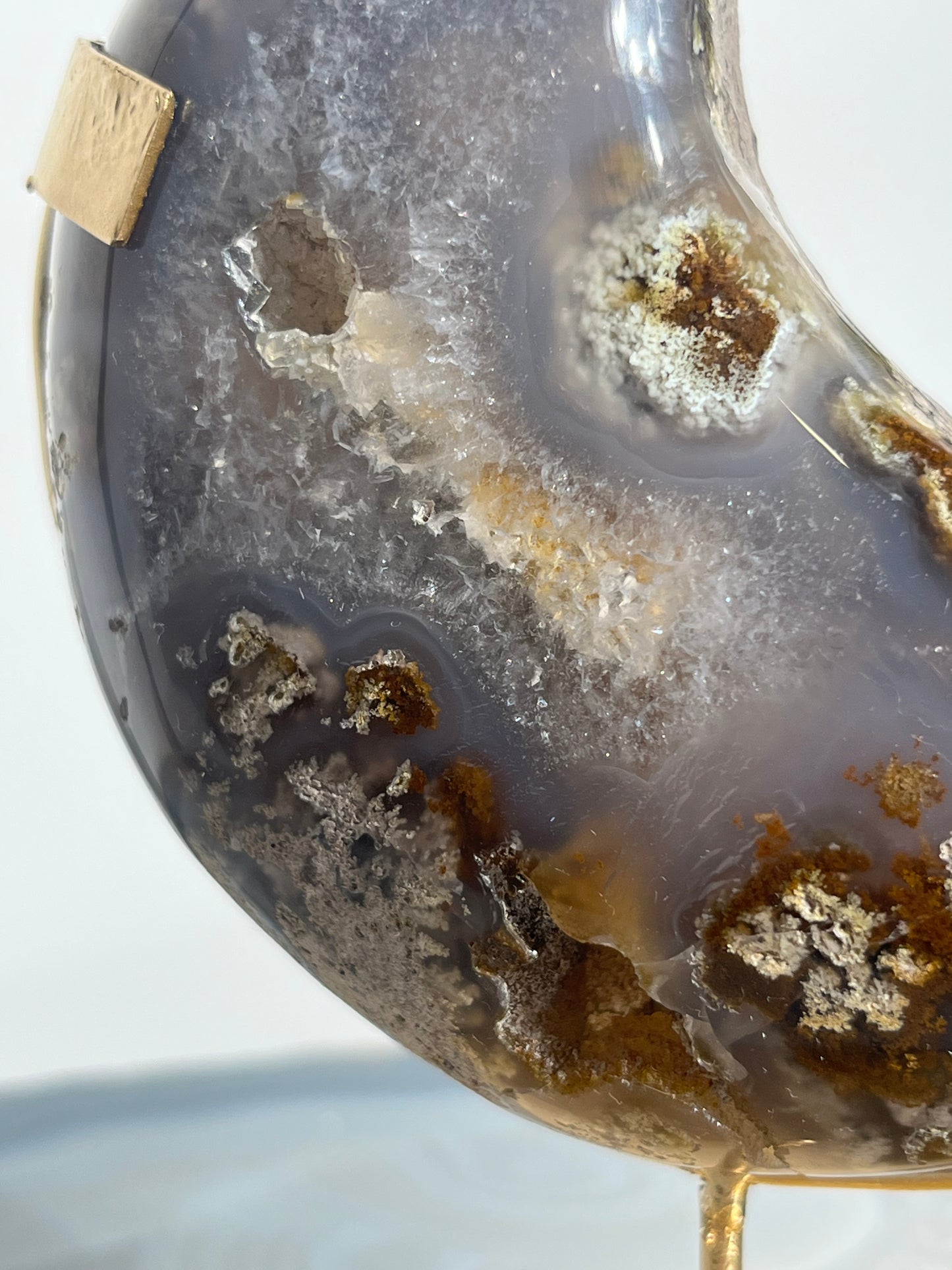 "Glacial Waters" Nebula Agate Moon Carving with Quartz on Stand