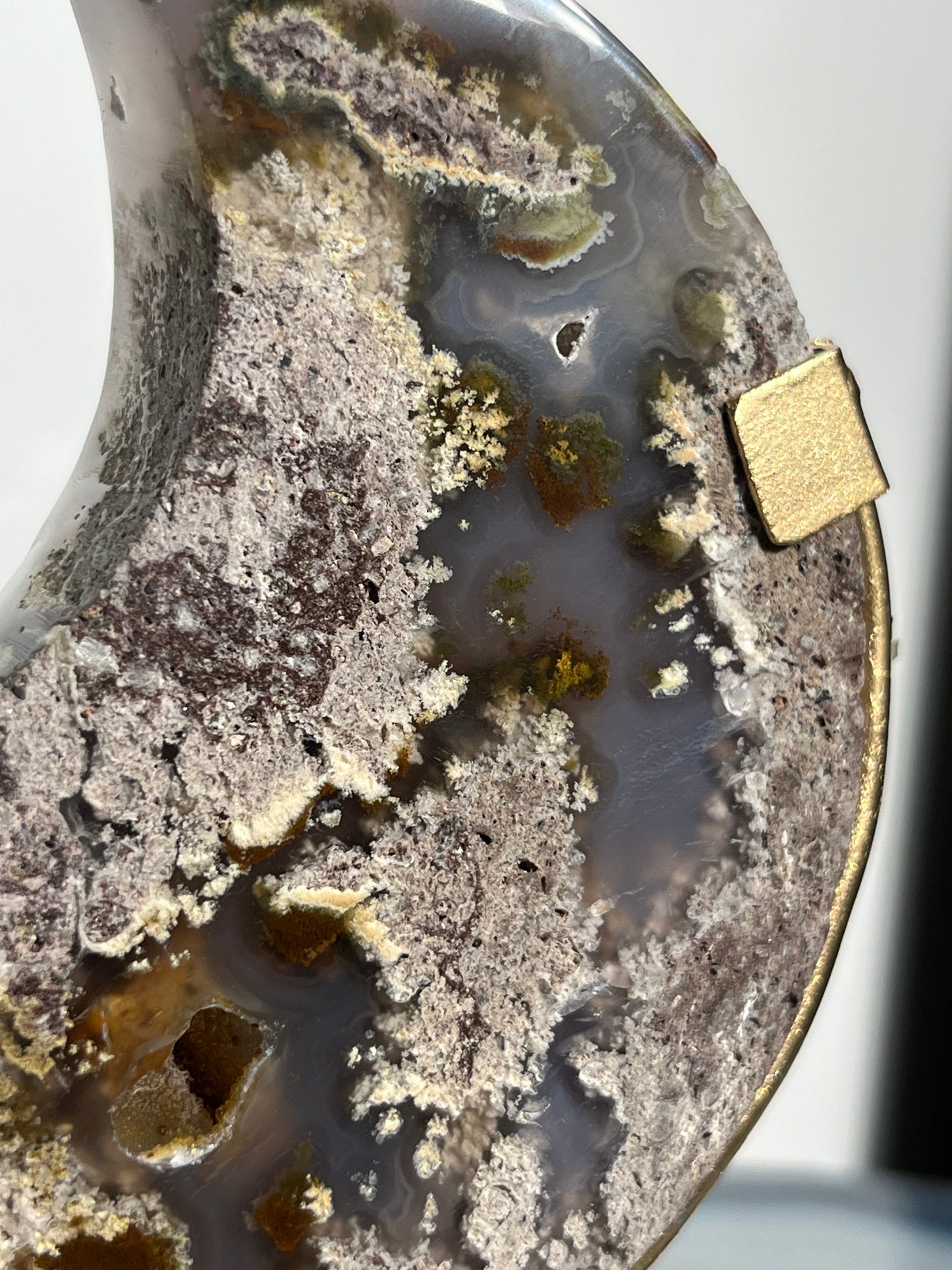 "Glacial Waters" Nebula Agate Moon Carving with Quartz on Stand