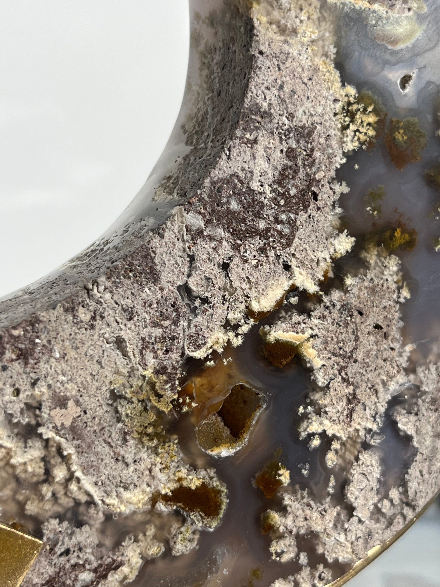"Glacial Waters" Nebula Agate Moon Carving with Quartz on Stand