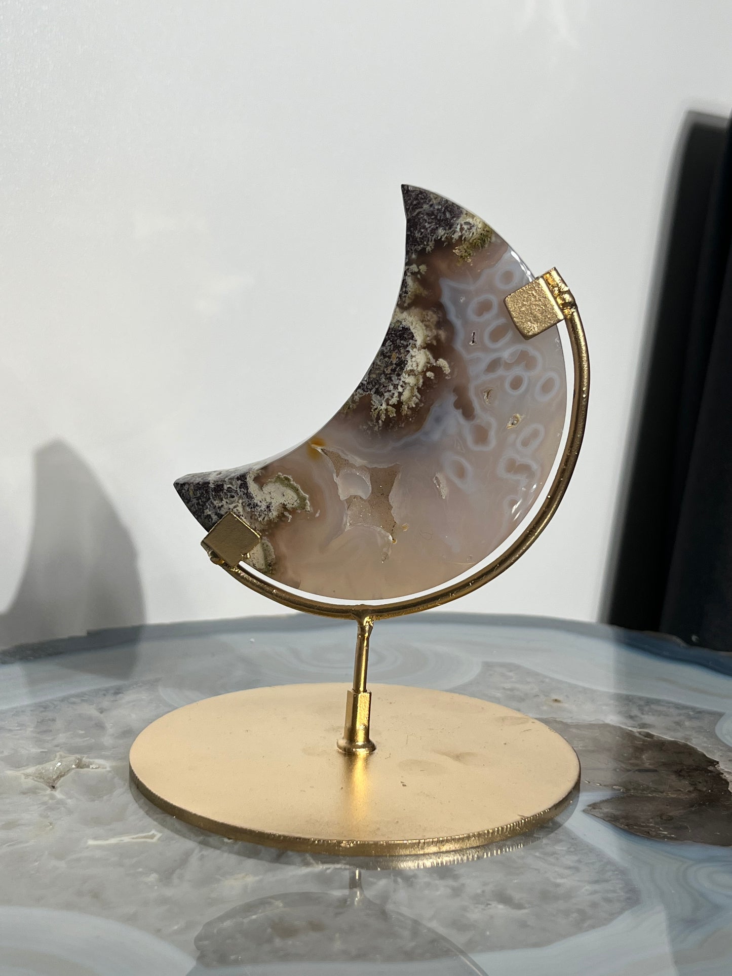 "Orby Phantoms" Druzy Jelly Orbicular Nebula Agate Moon Carving on Stand