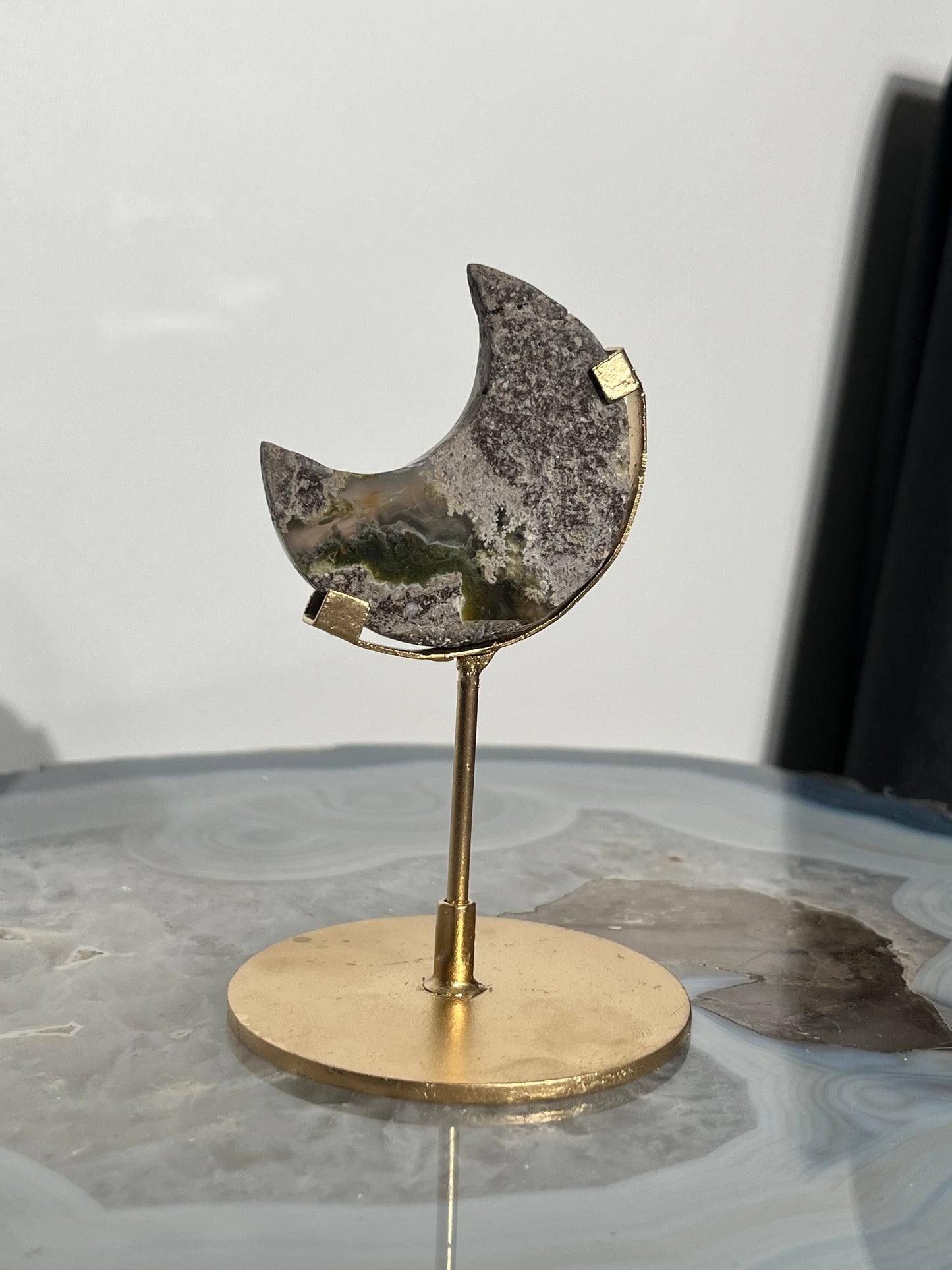 "Early Earth" Nebula Agate Miniature Moon Carving on Stand