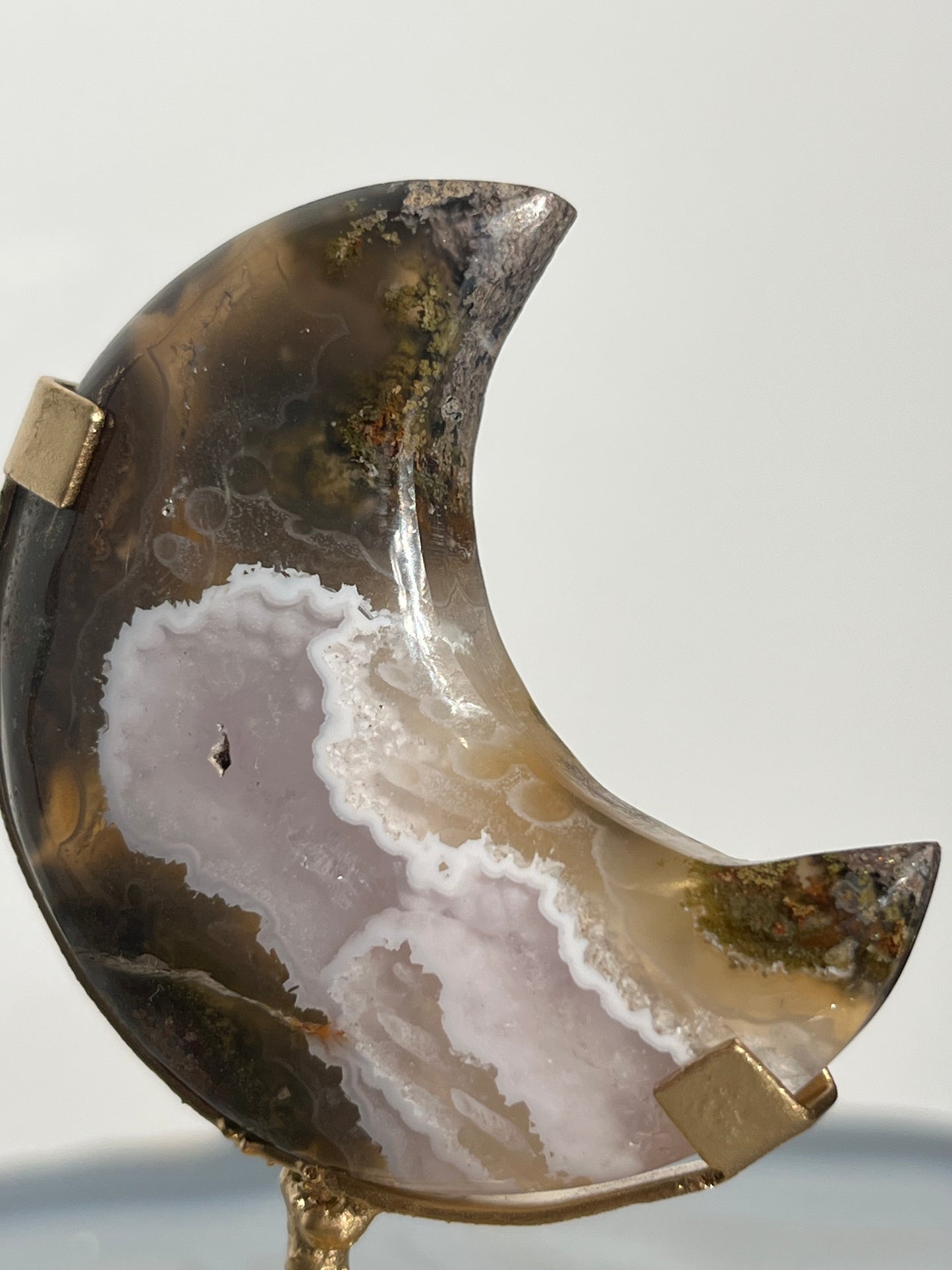 "Celestial Rift" Jelly Orbicular Nebula Agate with Amethyst Miniature Moon Carving on Stand