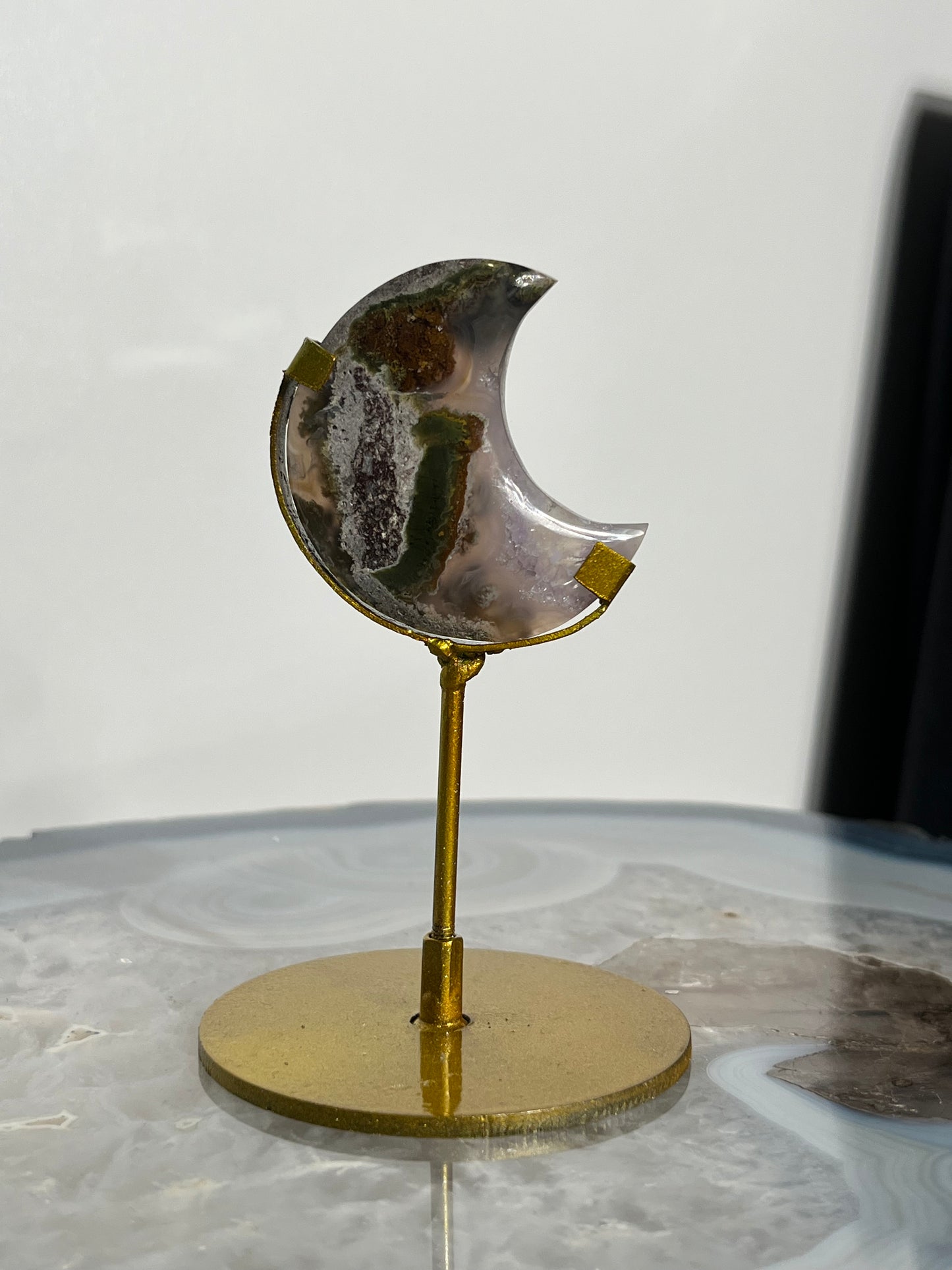 "Traverse" Nebula Agate with Amethyst Miniature Moon Carving on Stand