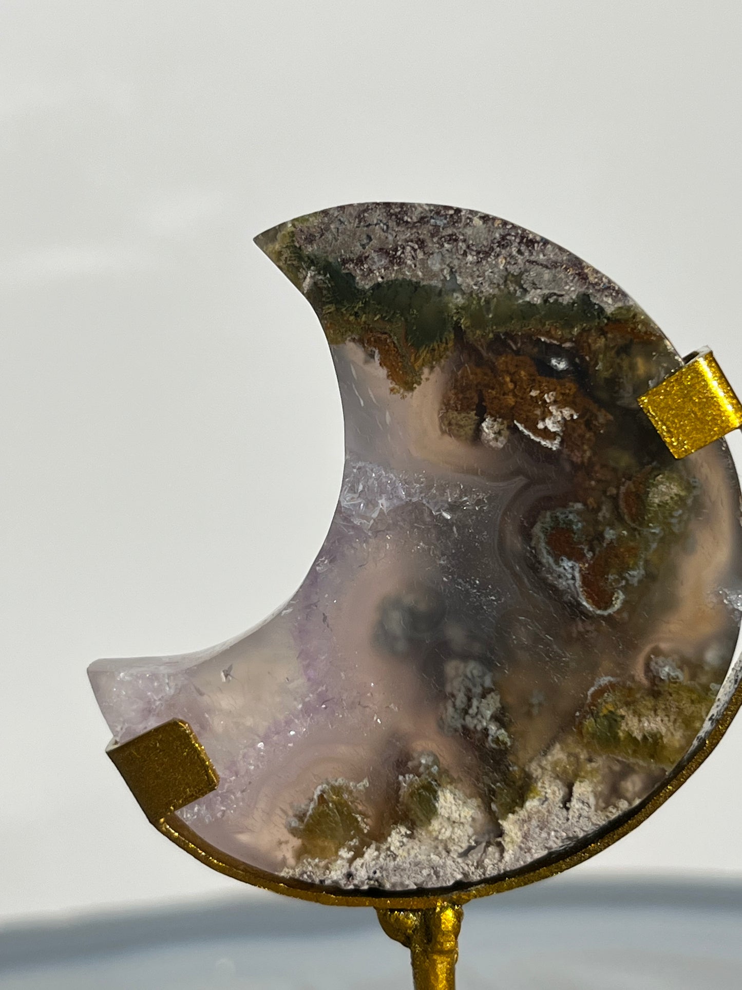 "Traverse" Nebula Agate with Amethyst Miniature Moon Carving on Stand